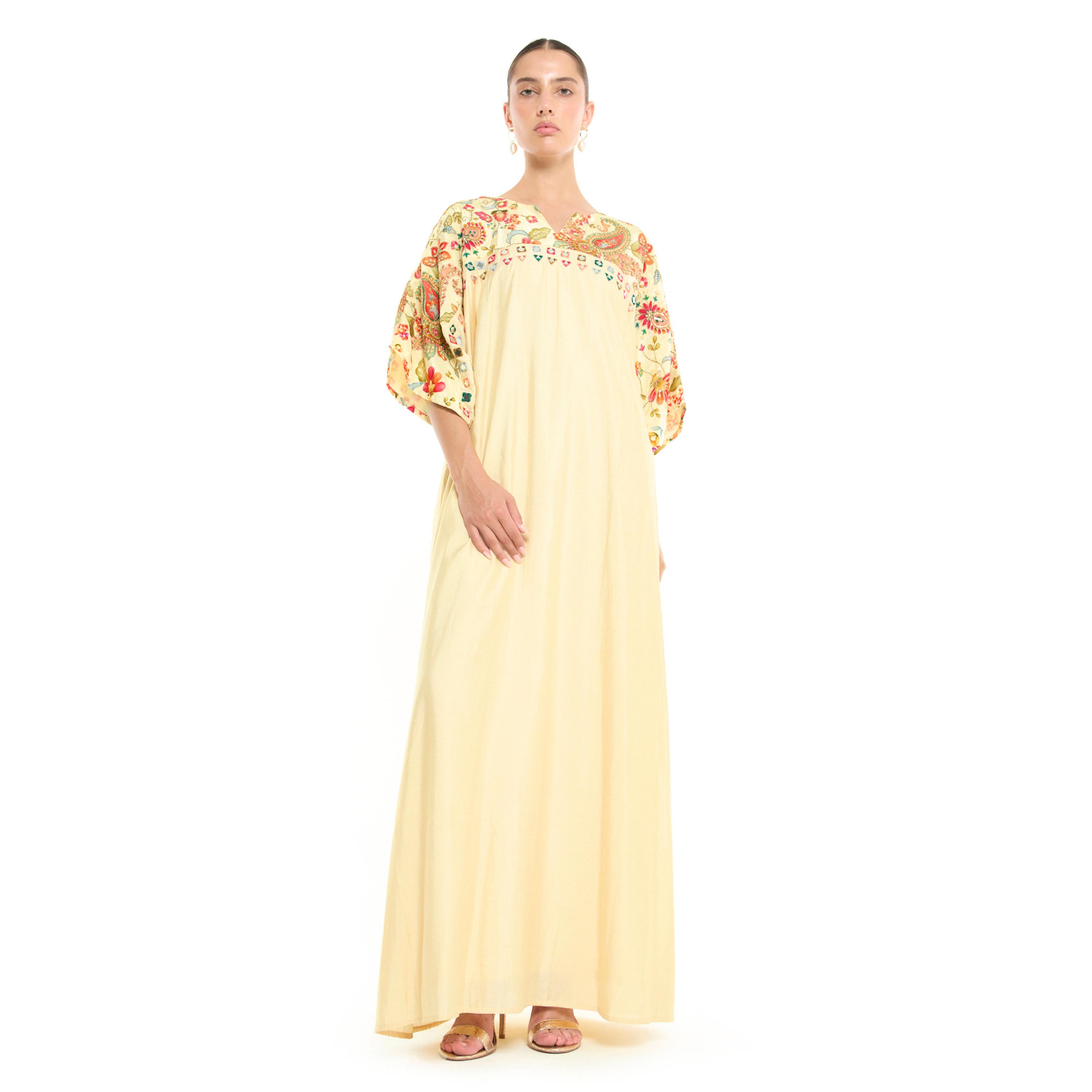 Thouq X Styli Cream A-Line Maxi Jalabiya with Floral Embroidery-women-arabicclothing-jalabiyas-image-1