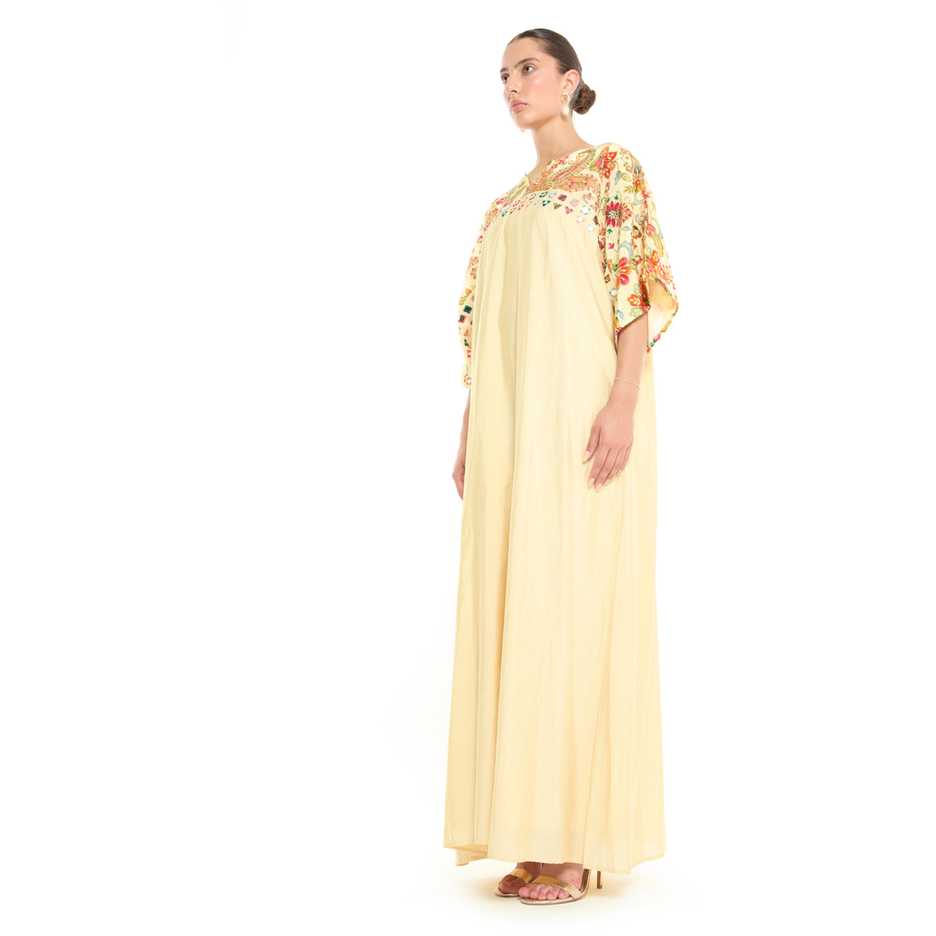 Thouq X Styli Cream A-Line Maxi Jalabiya with Floral Embroidery-women-arabicclothing-jalabiyas-image-2