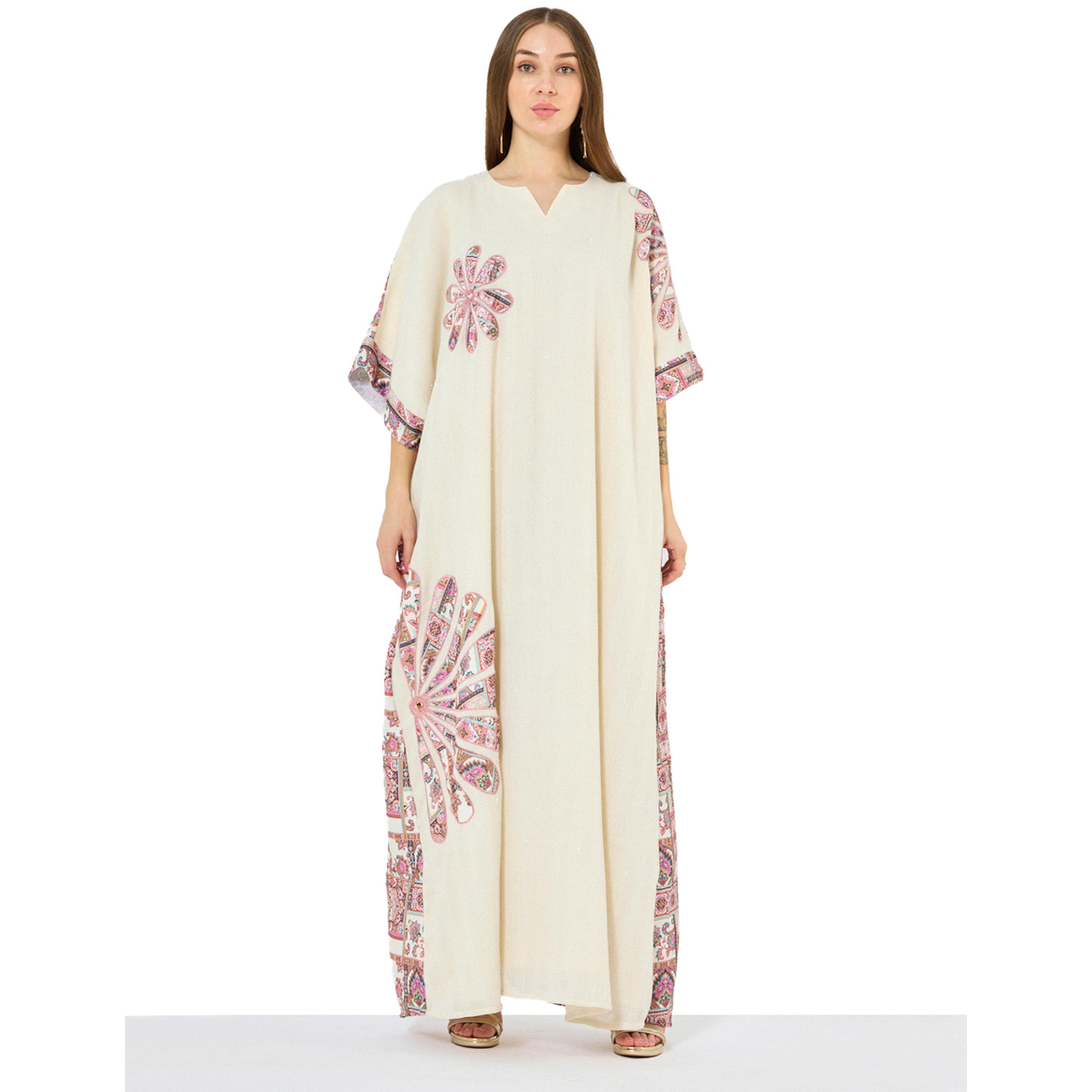 Thouq X Styli Cream A-Line Maxi Kaftan with Patchwork Motif-women-arabicclothing-kaftan-image-1