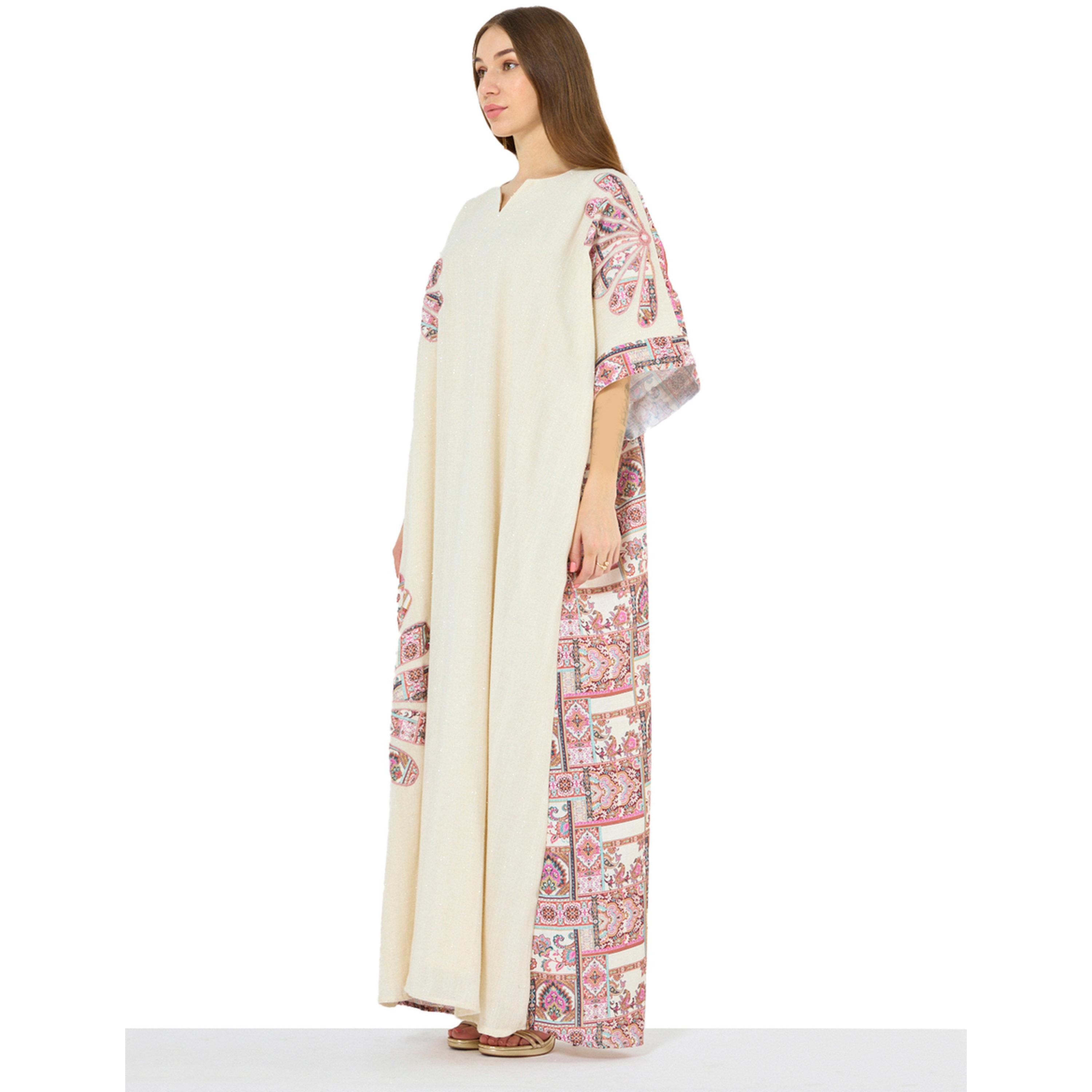 Thouq X Styli Cream A-Line Maxi Kaftan with Patchwork Motif-women-arabicclothing-kaftan-image-2