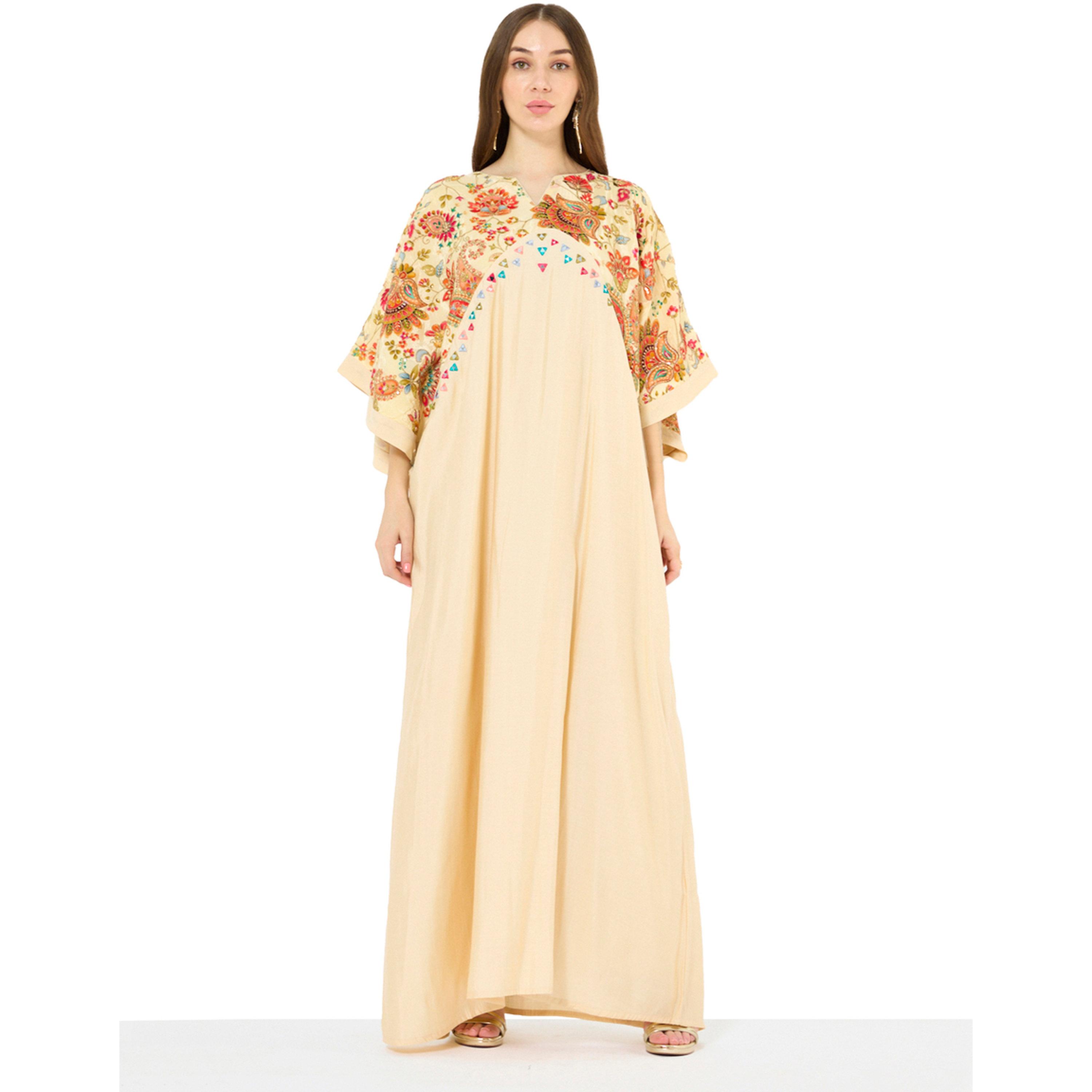 Thouq X Styli Beige Floral Embroidery A-Line Maxi Jalabiya-women-arabicclothing-jalabiyas-image-1