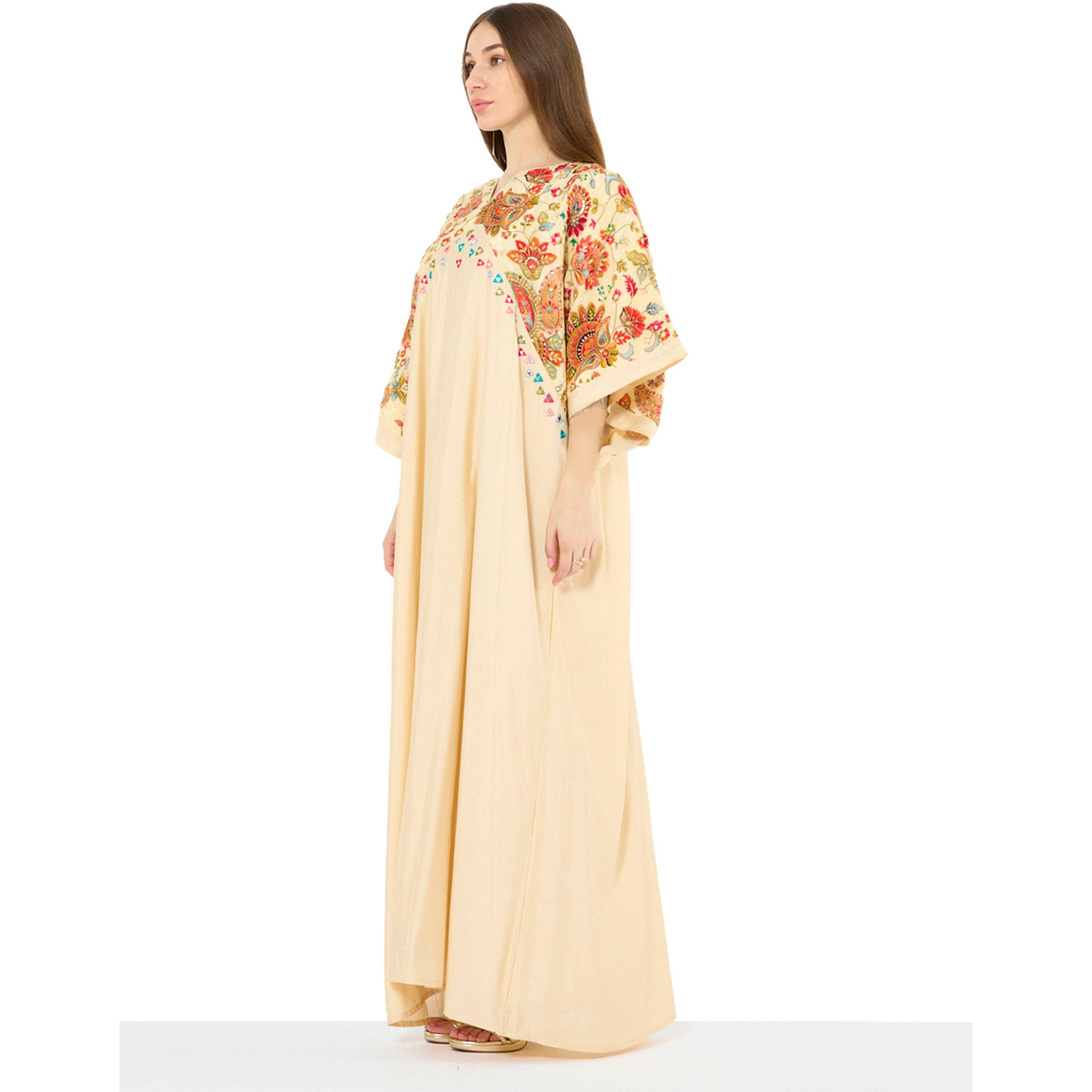 Thouq X Styli Beige Floral Embroidery A-Line Maxi Jalabiya-women-arabicclothing-jalabiyas-image-2
