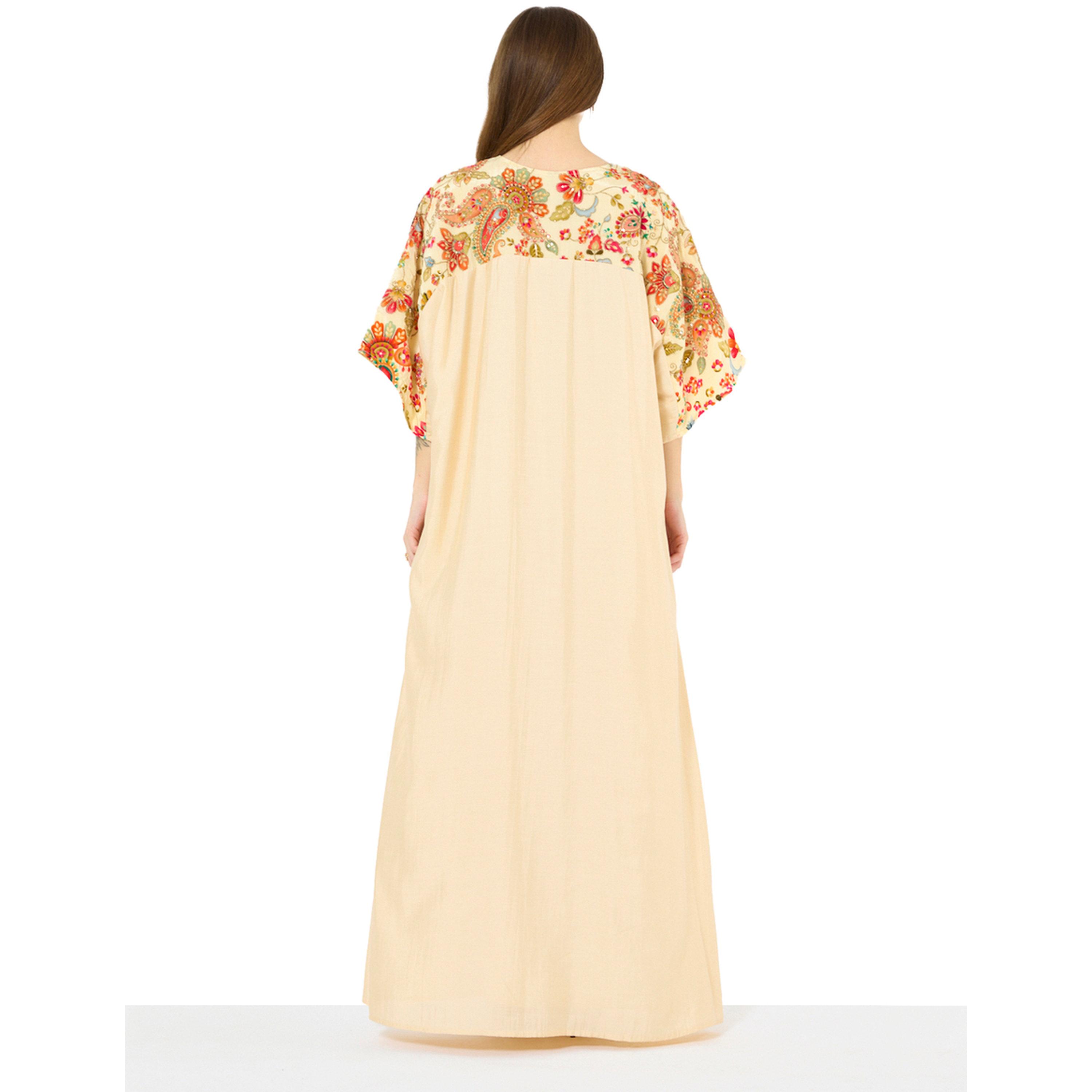 Thouq X Styli Beige Floral Embroidery A-Line Maxi Jalabiya-women-arabicclothing-jalabiyas-image-3
