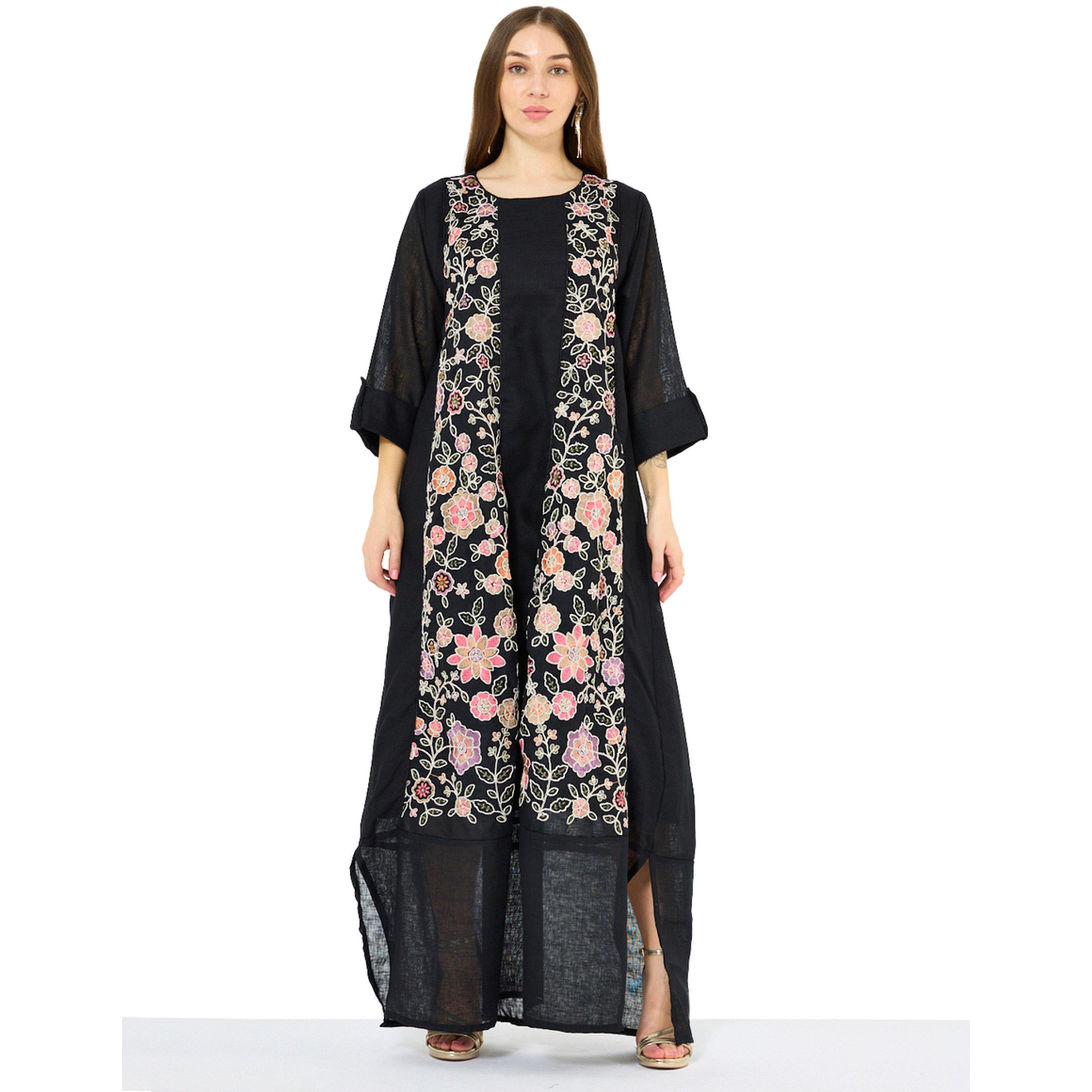 Thouq X Styli Black A-Line Maxi Jalabiya with Floral Embroidery-women-arabicclothing-jalabiyas-image-1