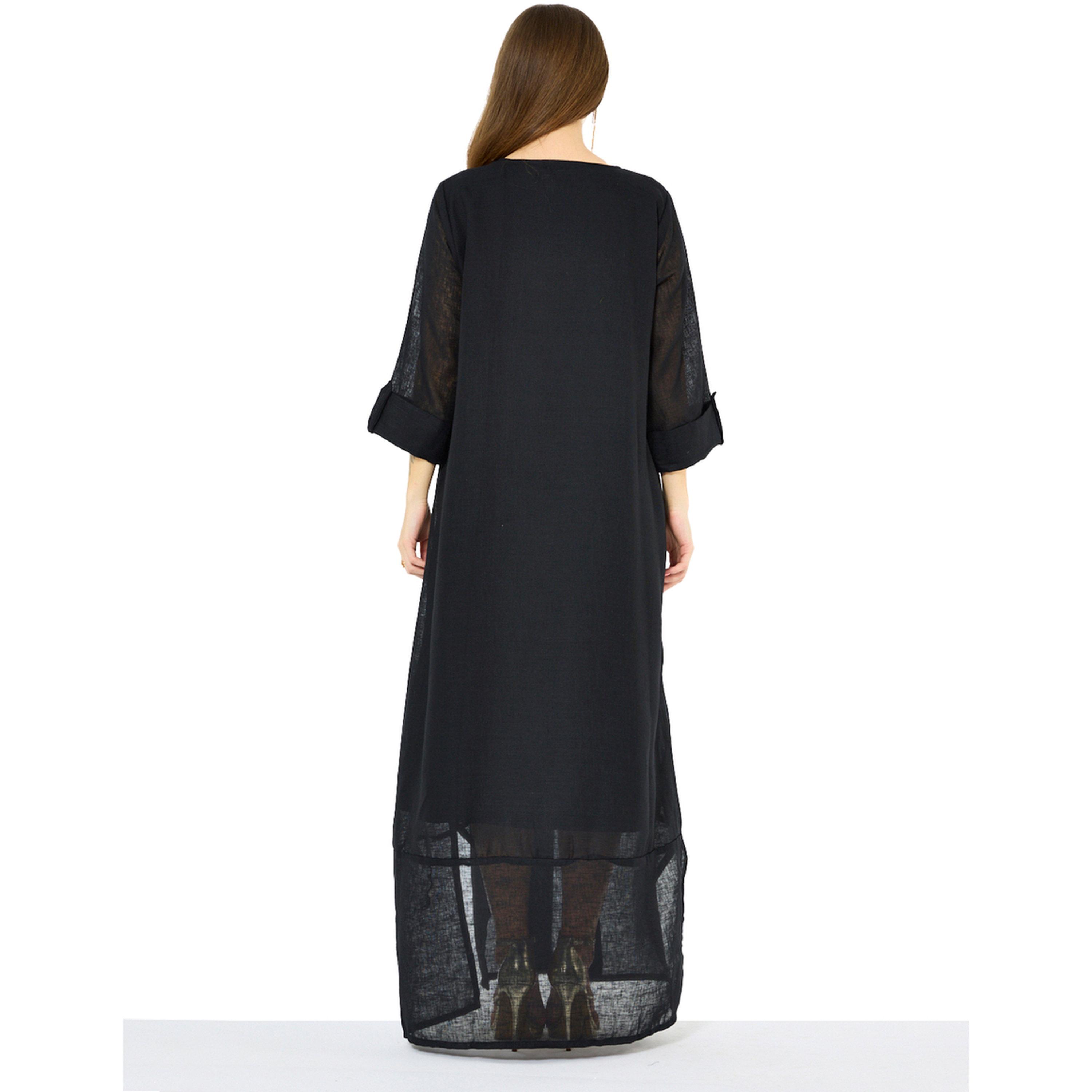 Thouq X Styli Black A-Line Maxi Jalabiya with Floral Embroidery-women-arabicclothing-jalabiyas-image-3