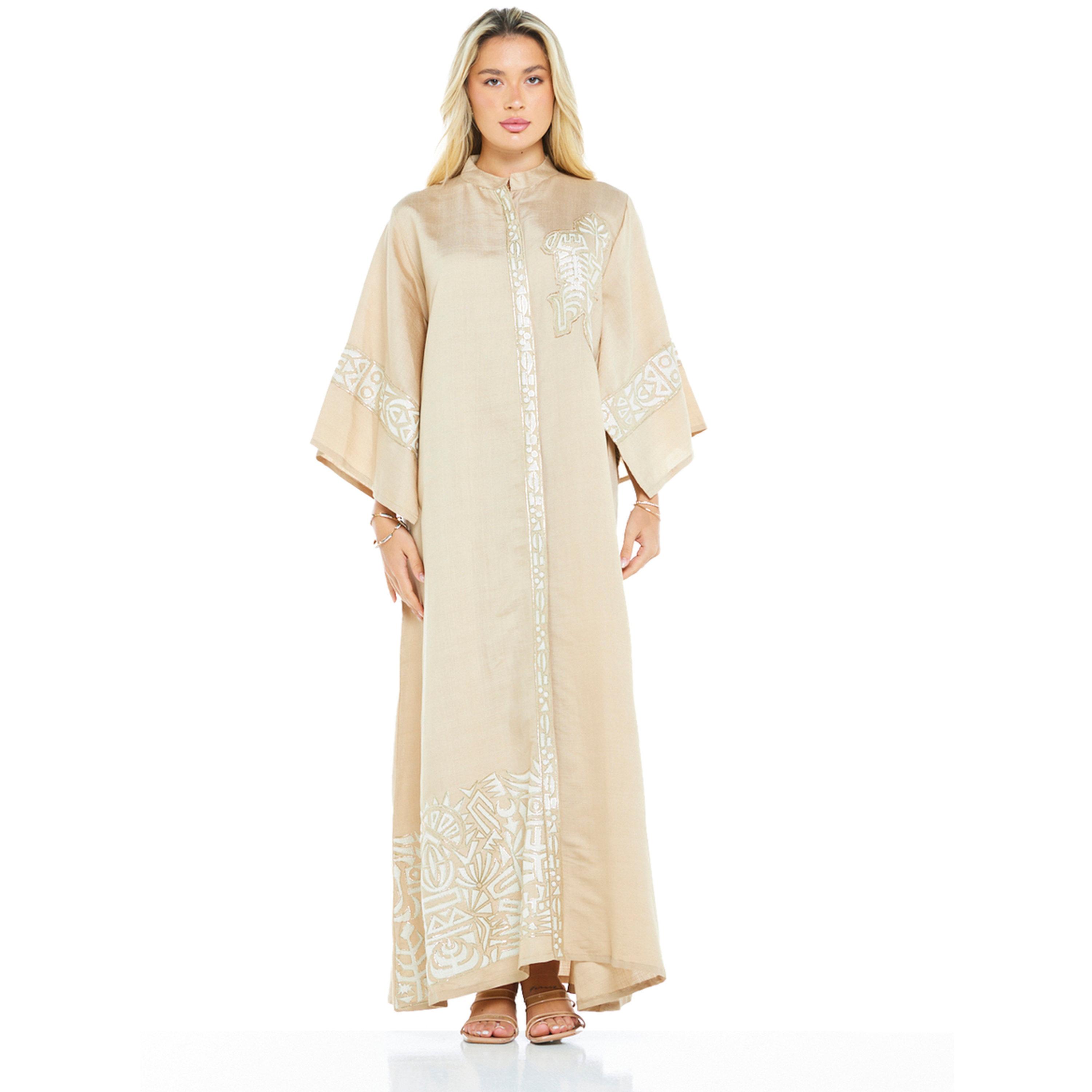 Thouq X Styli Beige Embroidered Flared Sleeves Maxi Jalabiya-women-arabicclothing-jalabiyas-image-1