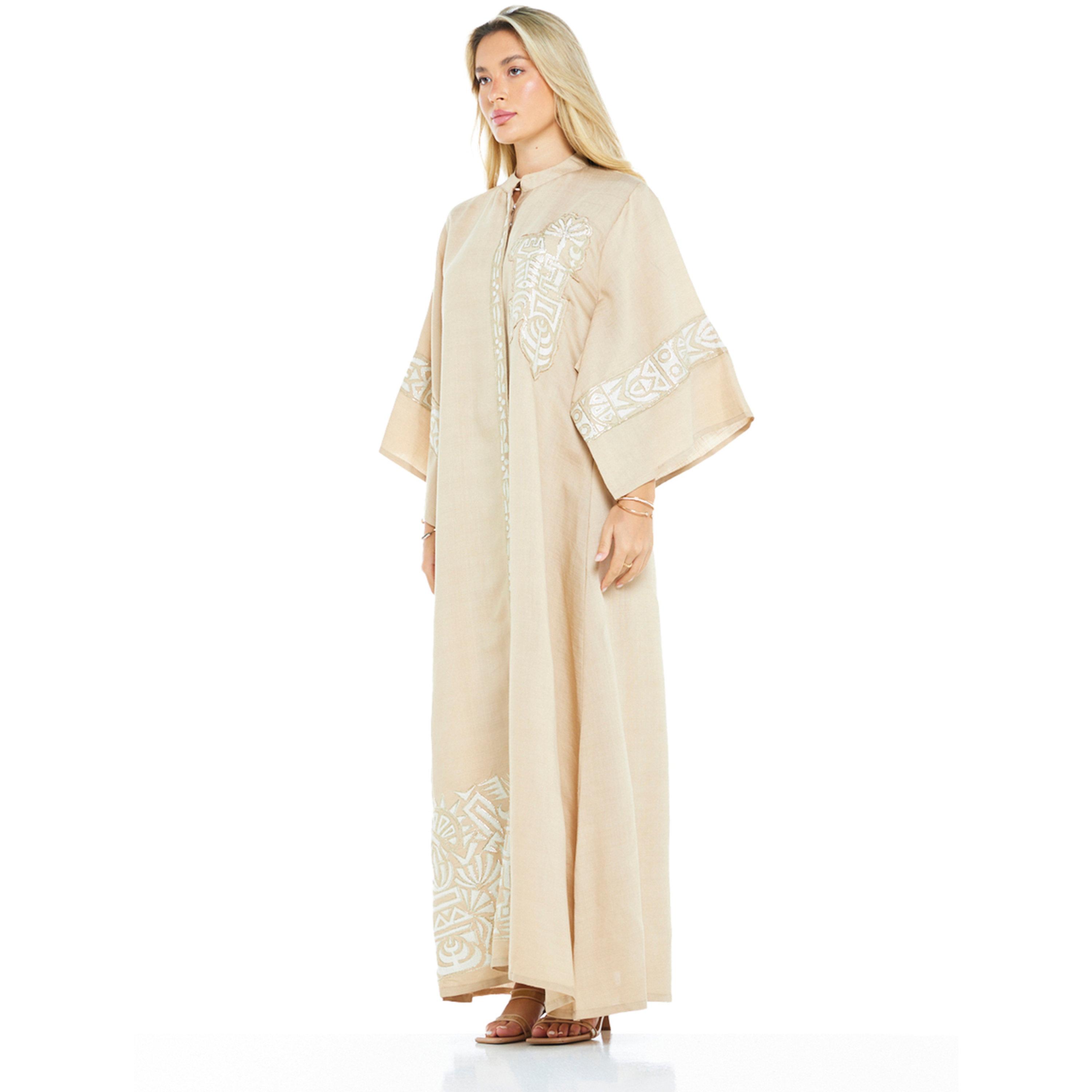 Thouq X Styli Beige Embroidered Flared Sleeves Maxi Jalabiya-women-arabicclothing-jalabiyas-image-2