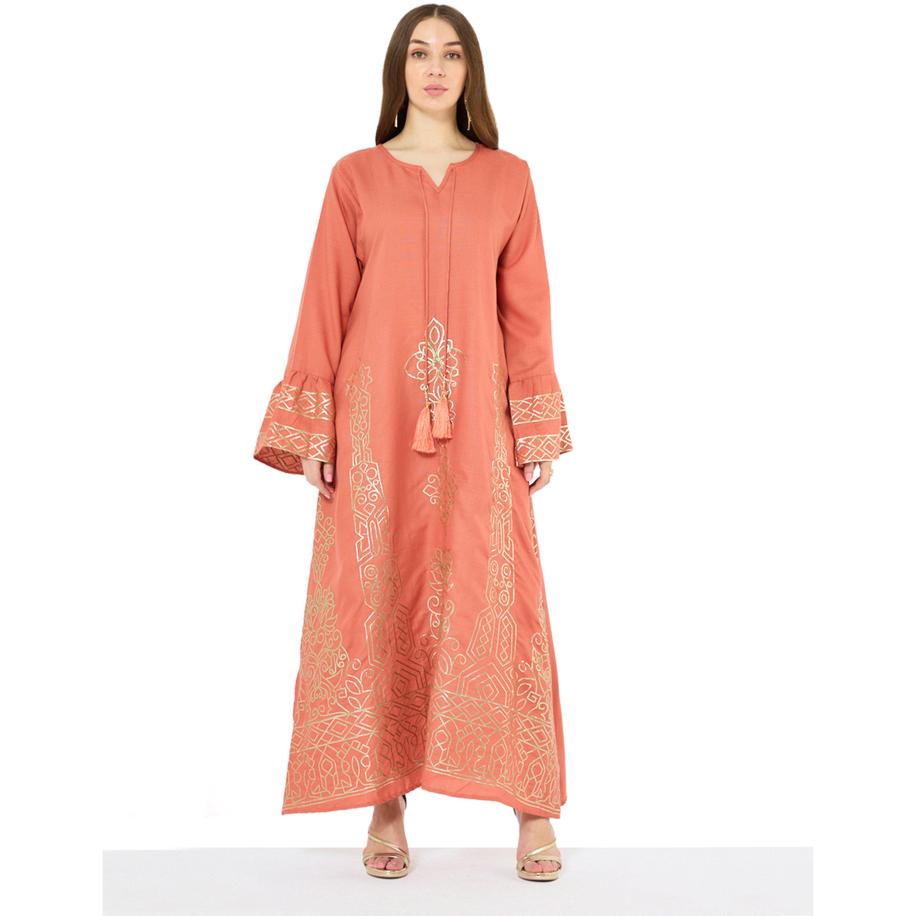 Thouq X Styli Rust Maxi A-Line Embroidered Jalabiya-women-arabicclothing-jalabiyas-image-1