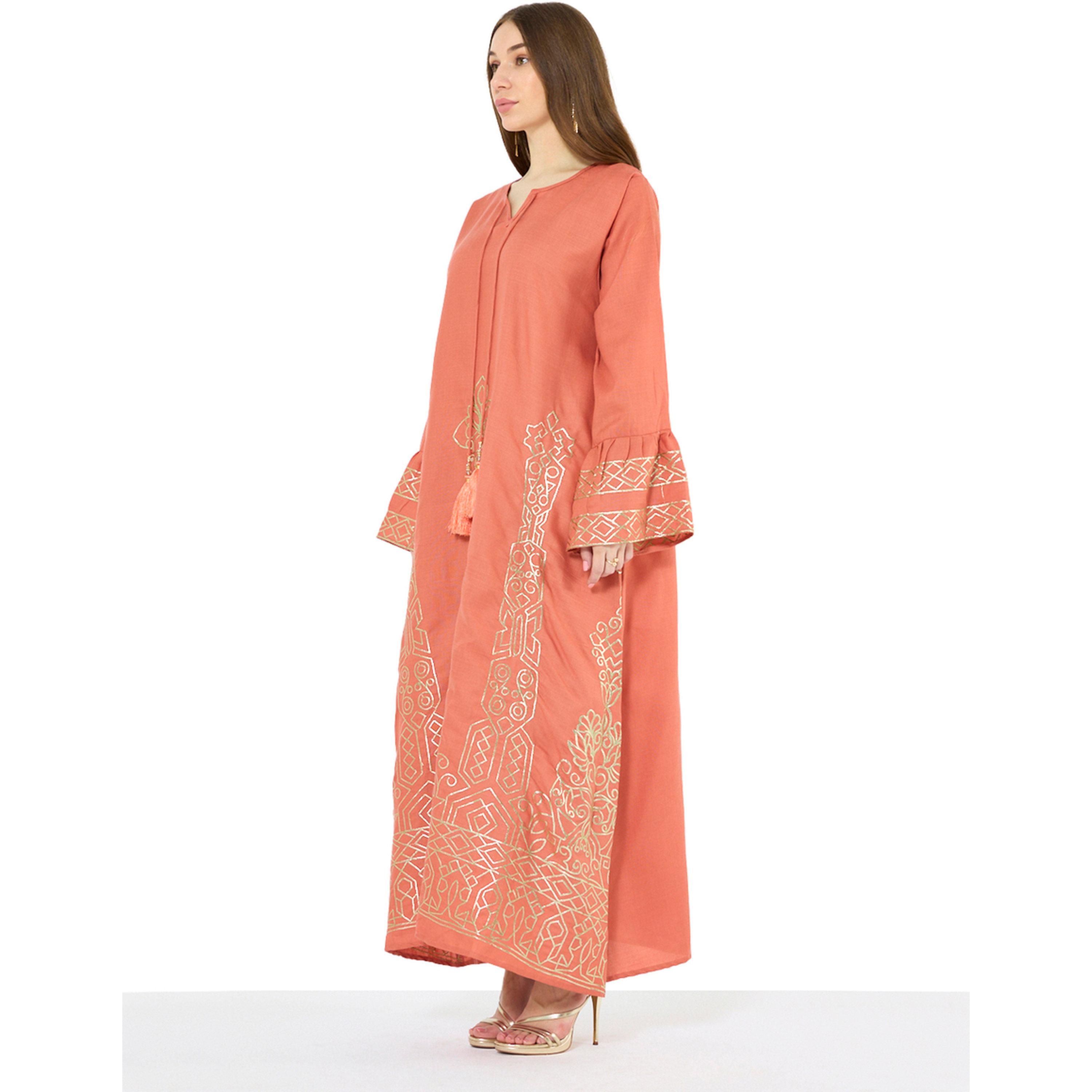 Thouq X Styli Rust Maxi A-Line Embroidered Jalabiya-women-arabicclothing-jalabiyas-image-2