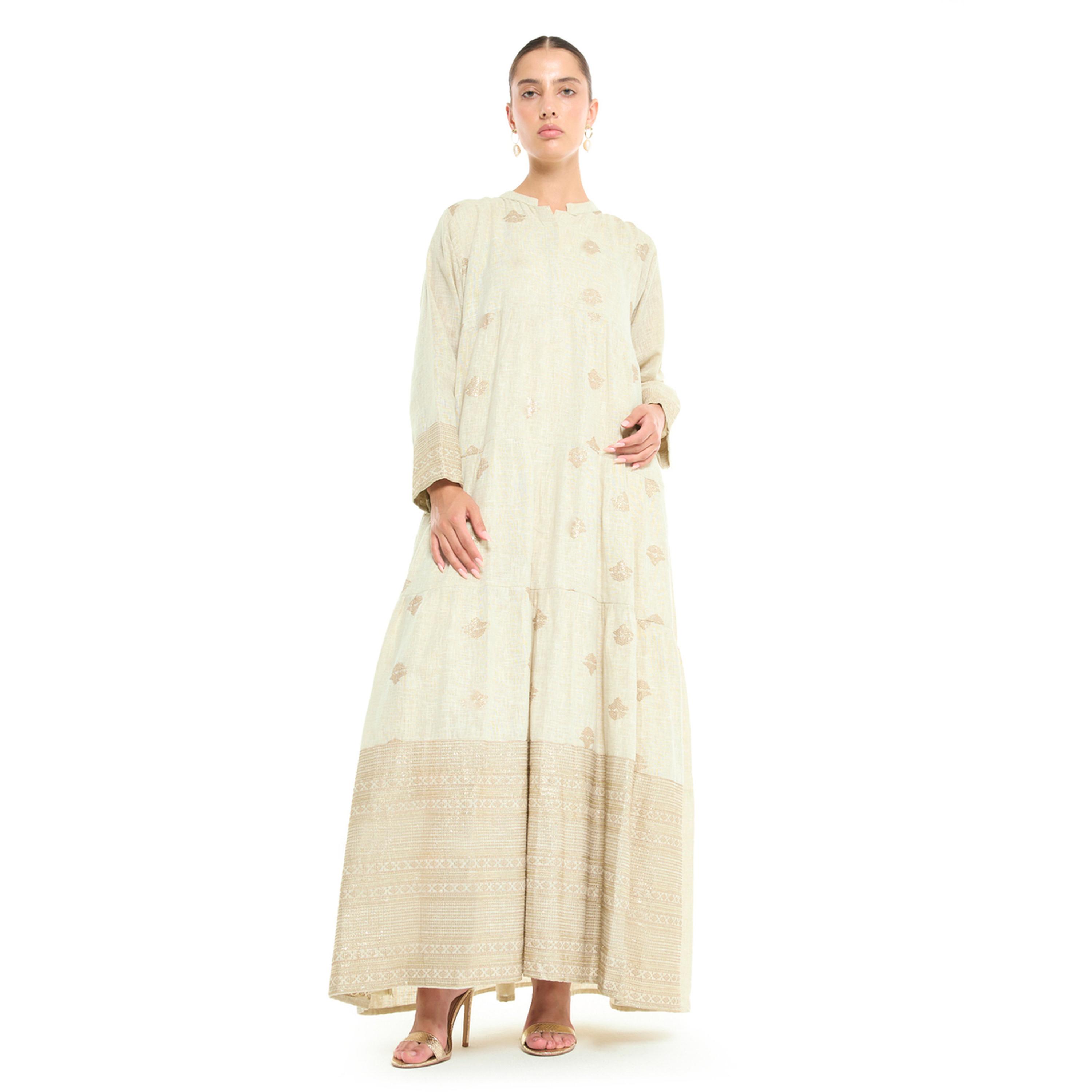 Thouq X Styli Beige Embroidered A-Line Maxi Jalabiya-women-arabicclothing-jalabiyas-image-1