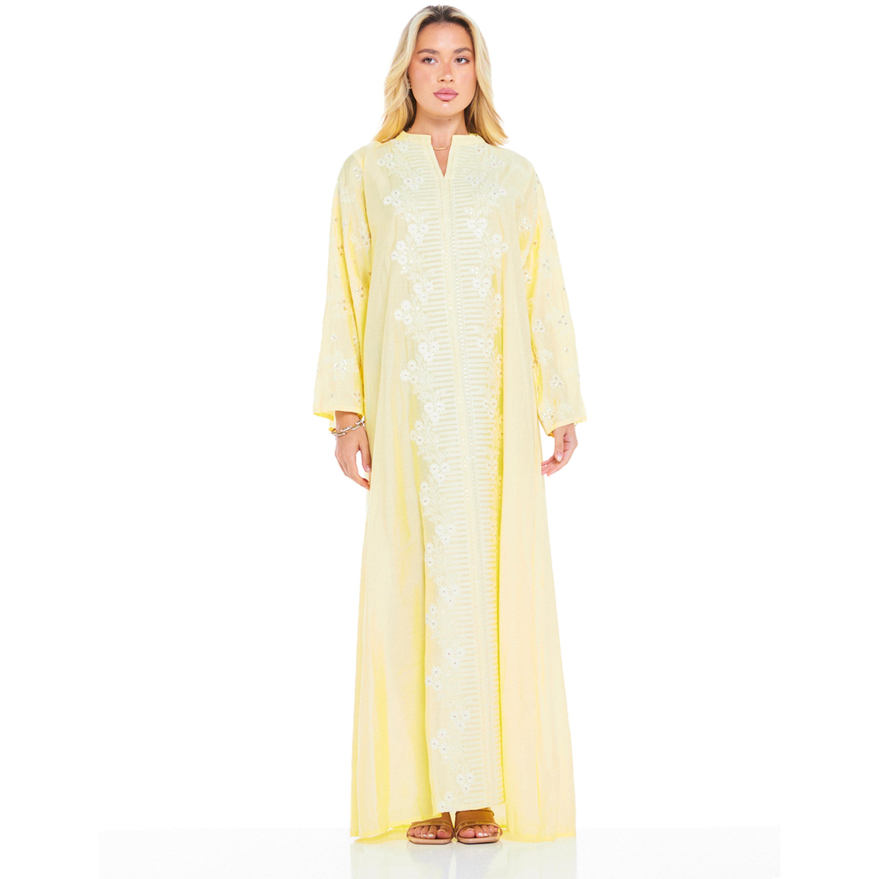 Thouq X Styli Yellow A-Line Maxi Jalabiya with Intricate Embroidery-women-arabicclothing-jalabiyas-image-1