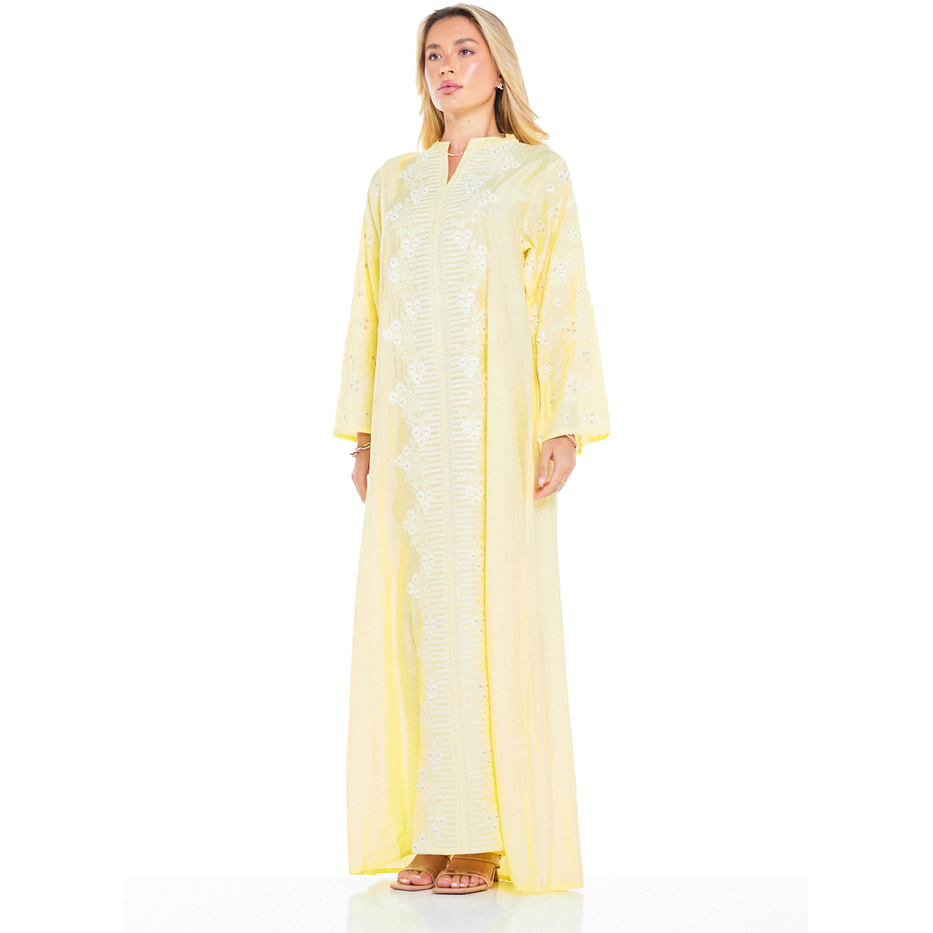 Thouq X Styli Yellow A-Line Maxi Jalabiya with Intricate Embroidery-women-arabicclothing-jalabiyas-image-2