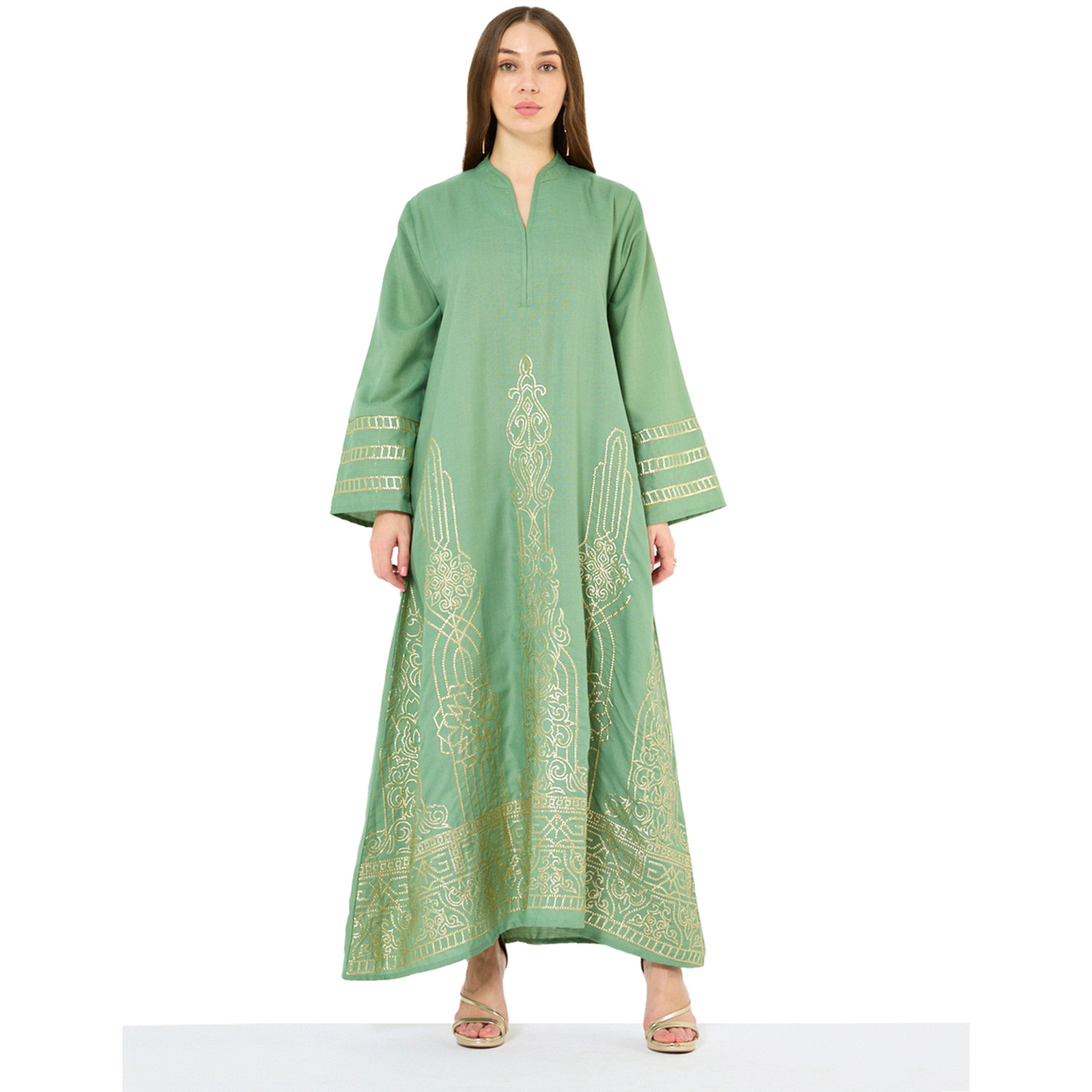 Thouq X Styli Green A-Line Maxi Jalabiya with Gold Embroidery-women-arabicclothing-jalabiyas-image-1