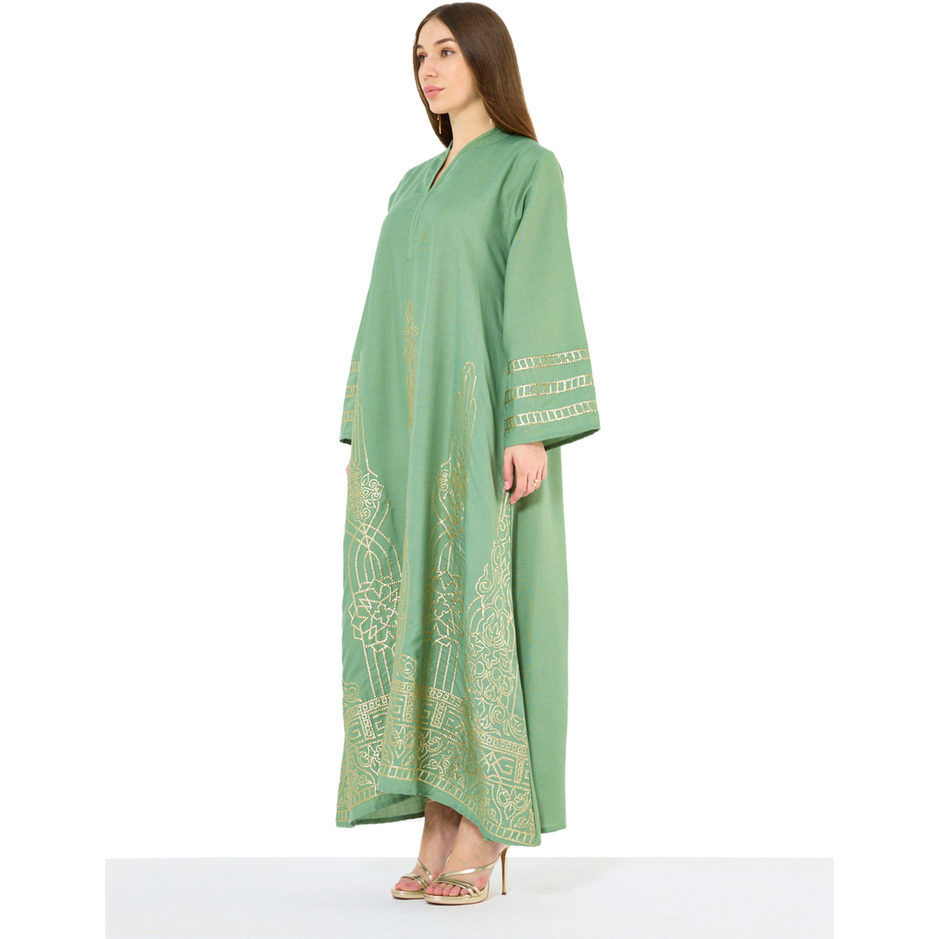 Thouq X Styli Green A-Line Maxi Jalabiya with Gold Embroidery-women-arabicclothing-jalabiyas-image-2