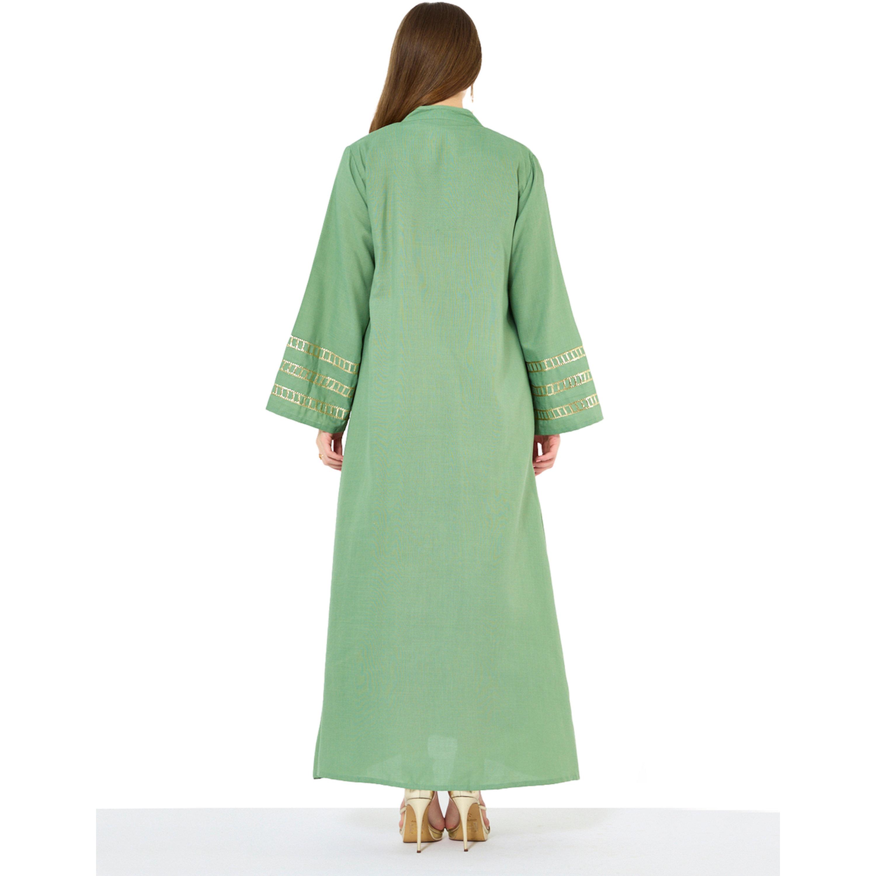 Thouq X Styli Green A-Line Maxi Jalabiya with Gold Embroidery-women-arabicclothing-jalabiyas-image-3