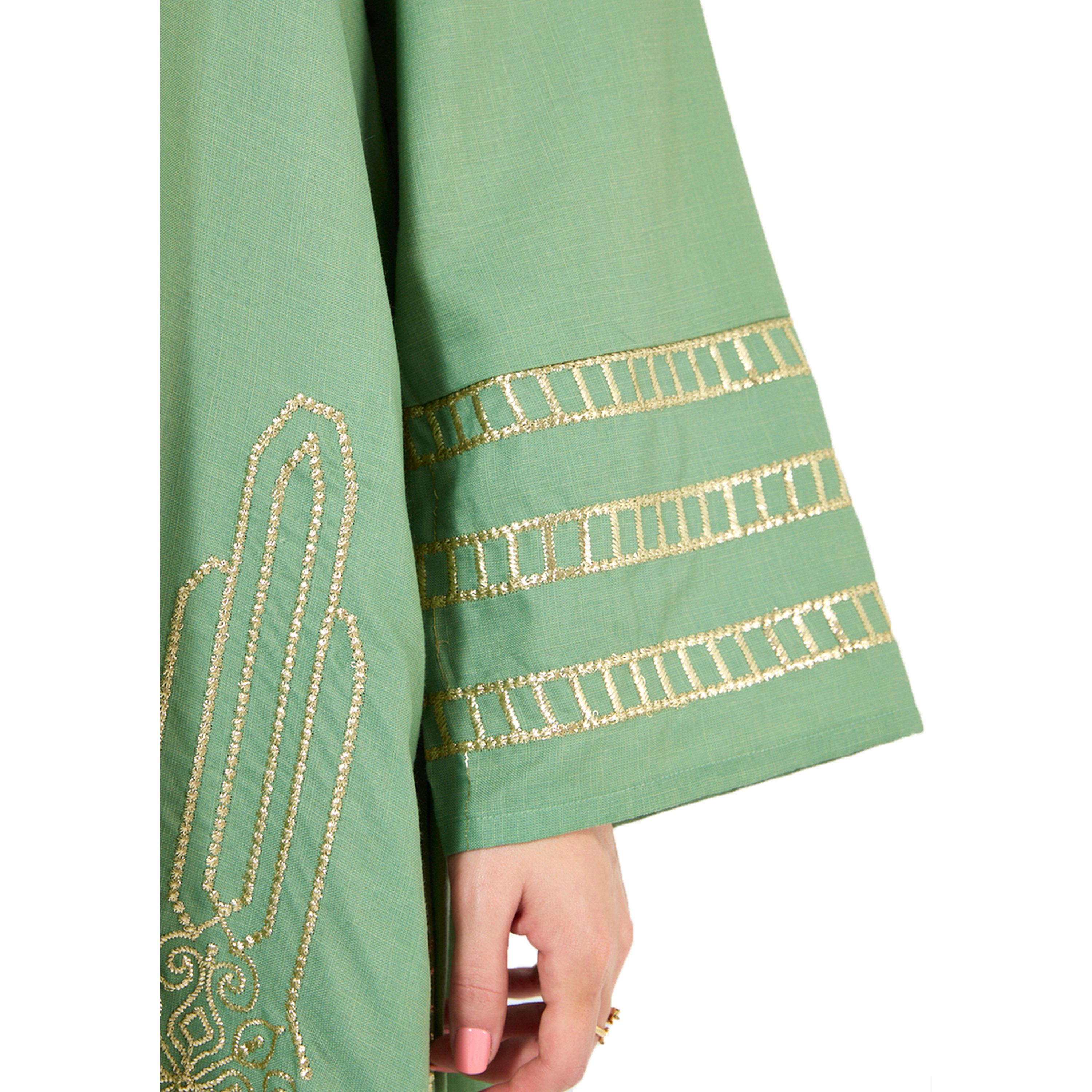 Thouq X Styli Green A-Line Maxi Jalabiya with Gold Embroidery-women-arabicclothing-jalabiyas-image-4