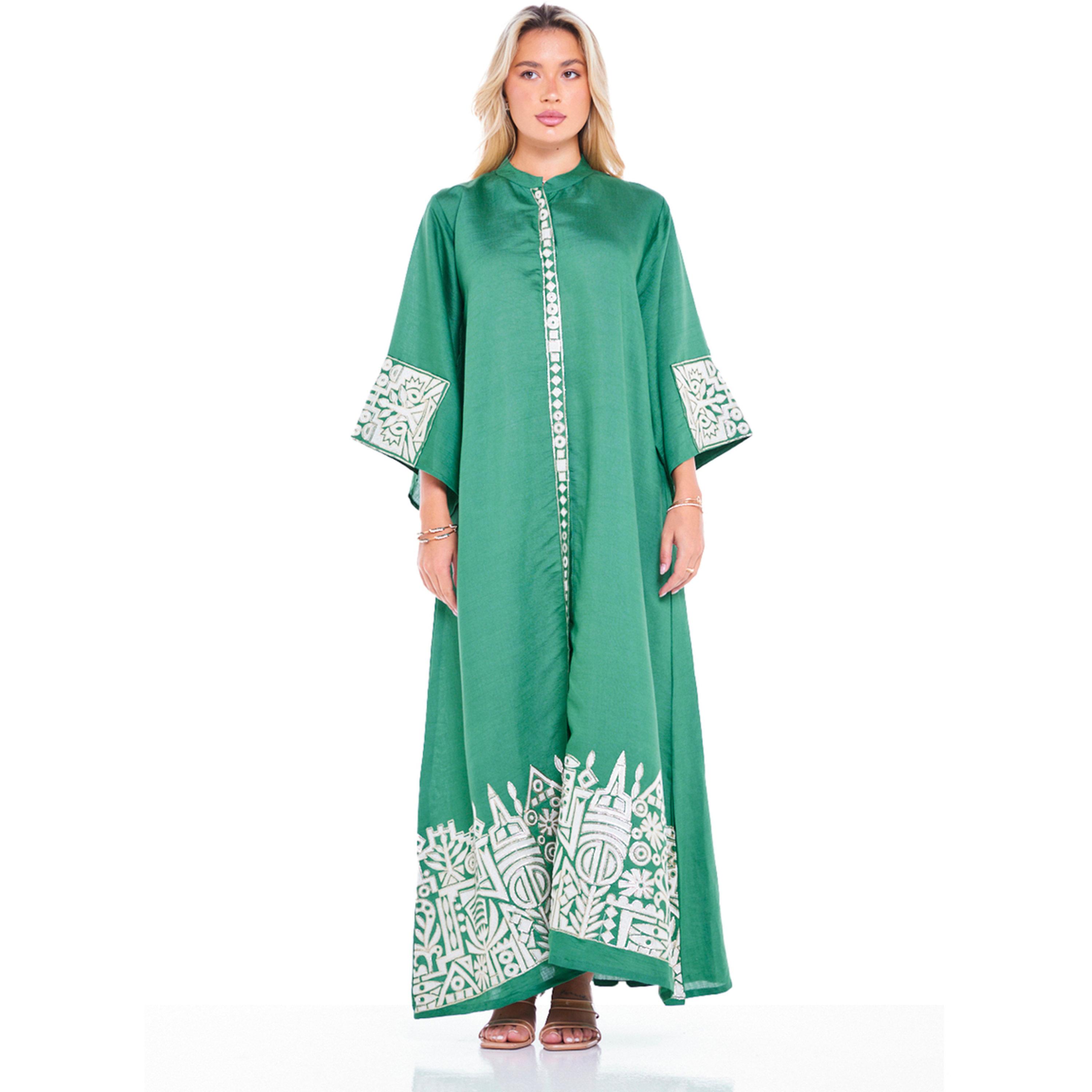 Thouq X Styli Emerald Green Maxi A-Line Jalabiya with Intricate Border Embroidery-women-arabicclothing-jalabiyas-image-1