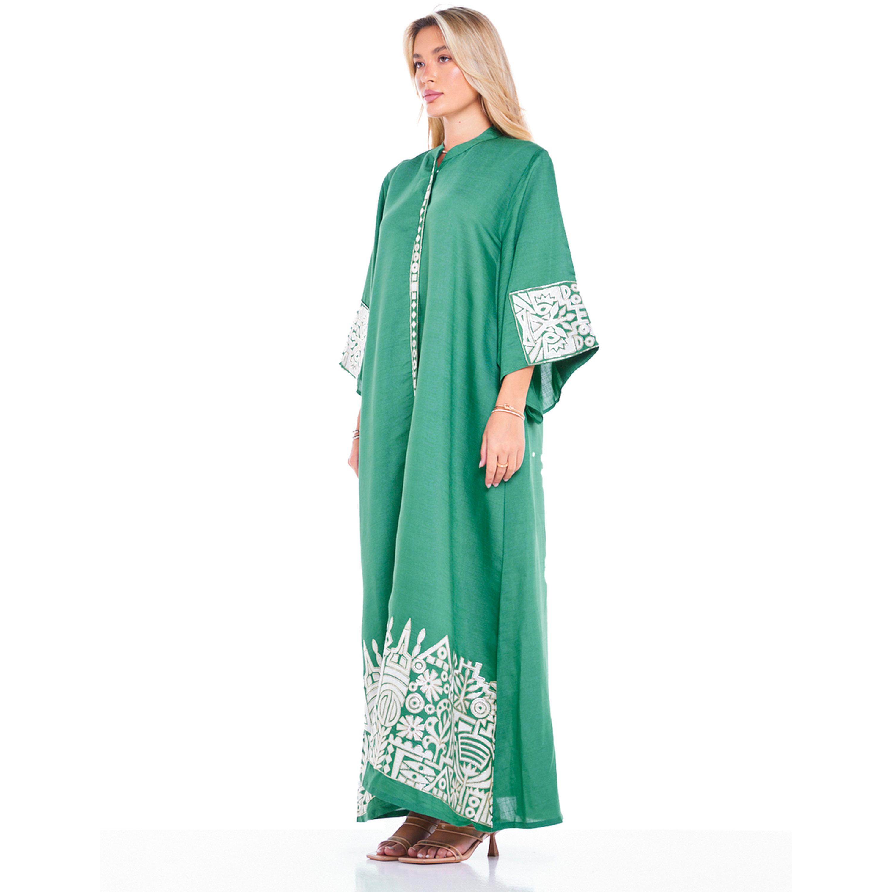 Thouq X Styli Emerald Green Maxi A-Line Jalabiya with Intricate Border Embroidery-women-arabicclothing-jalabiyas-image-2