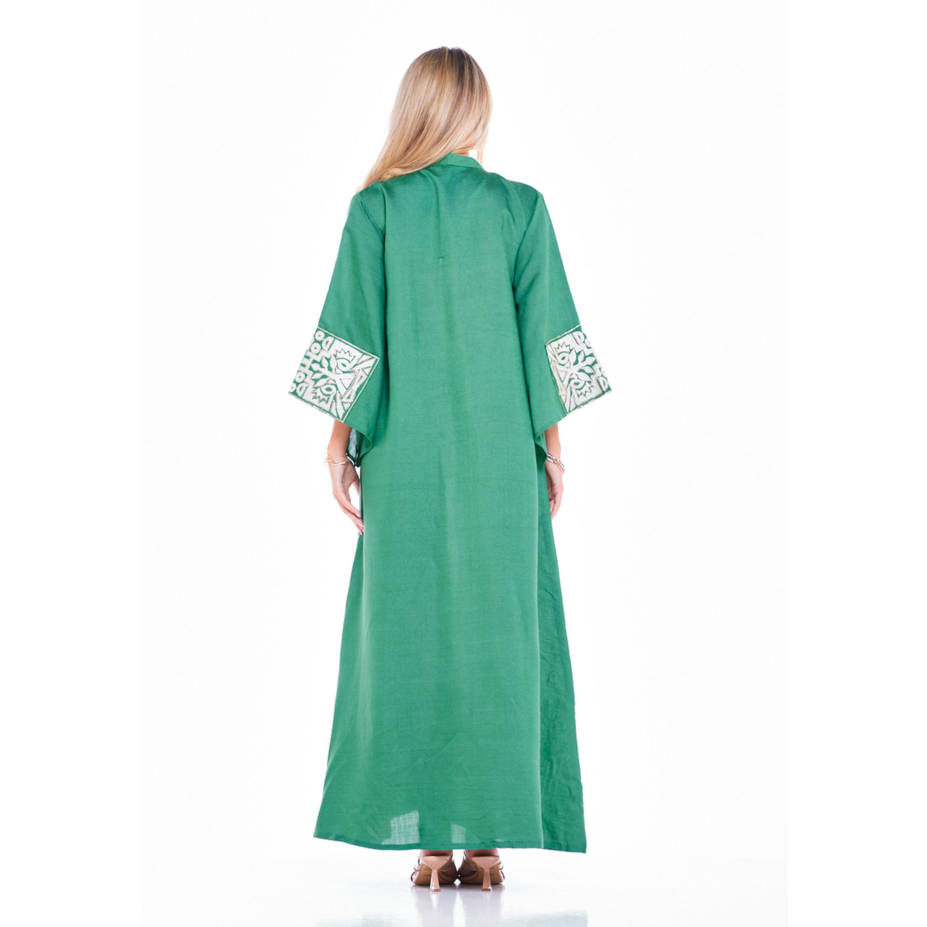Thouq X Styli Emerald Green Maxi A-Line Jalabiya with Intricate Border Embroidery-women-arabicclothing-jalabiyas-image-3