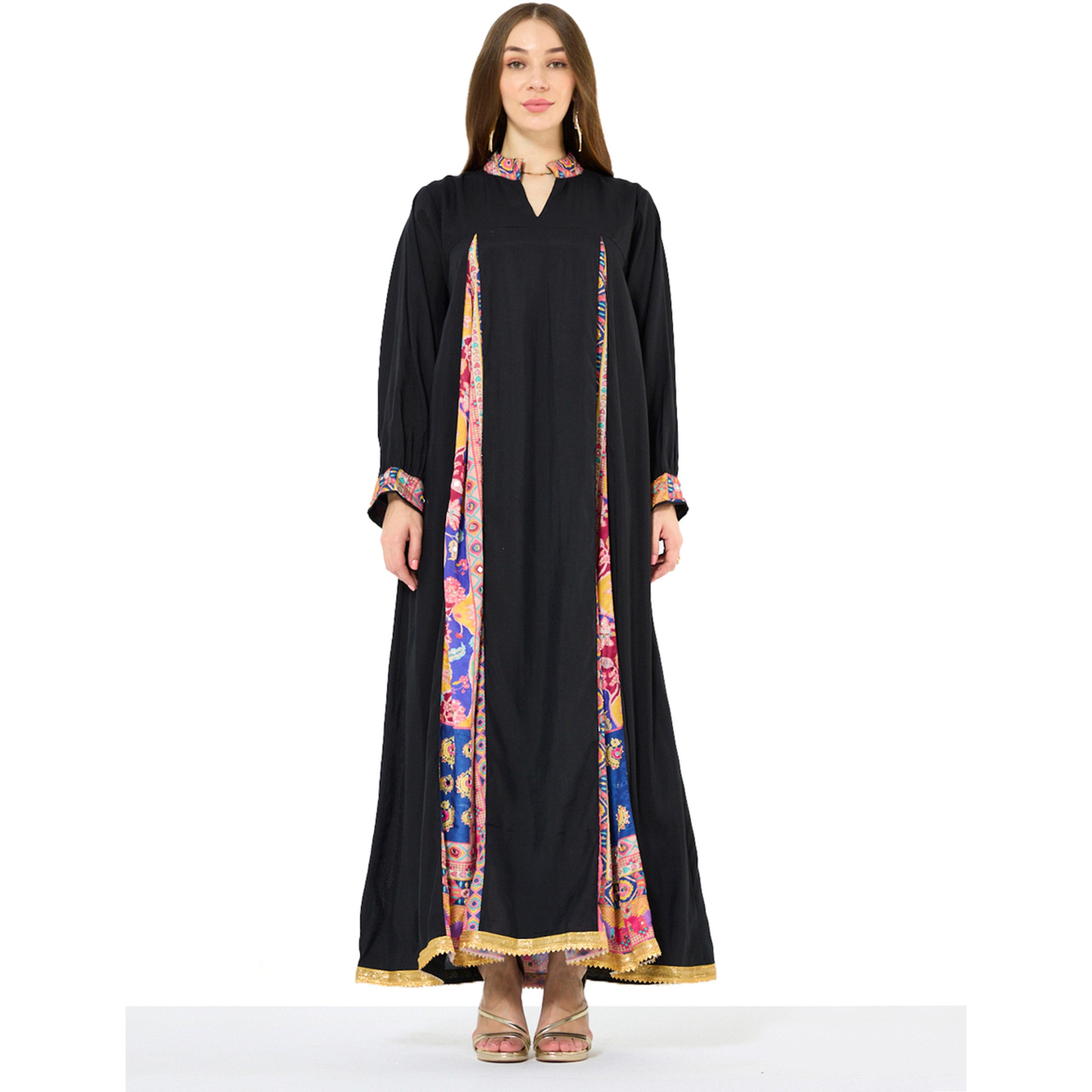 Thouq X Styli Black A-Line Maxi Jalabiya with Printed Trim-women-arabicclothing-jalabiyas-image-1