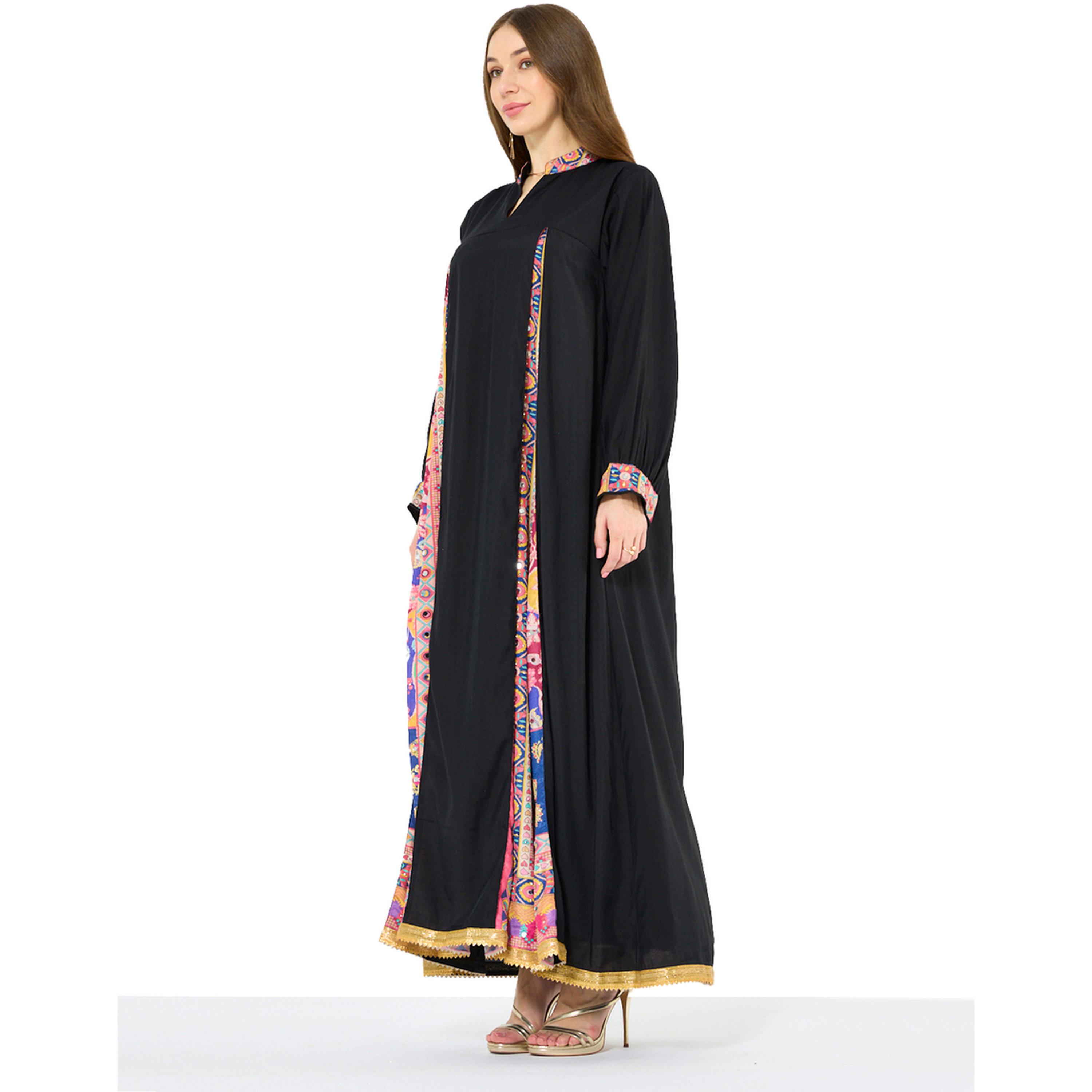 Thouq X Styli Black A-Line Maxi Jalabiya with Printed Trim-women-arabicclothing-jalabiyas-image-2