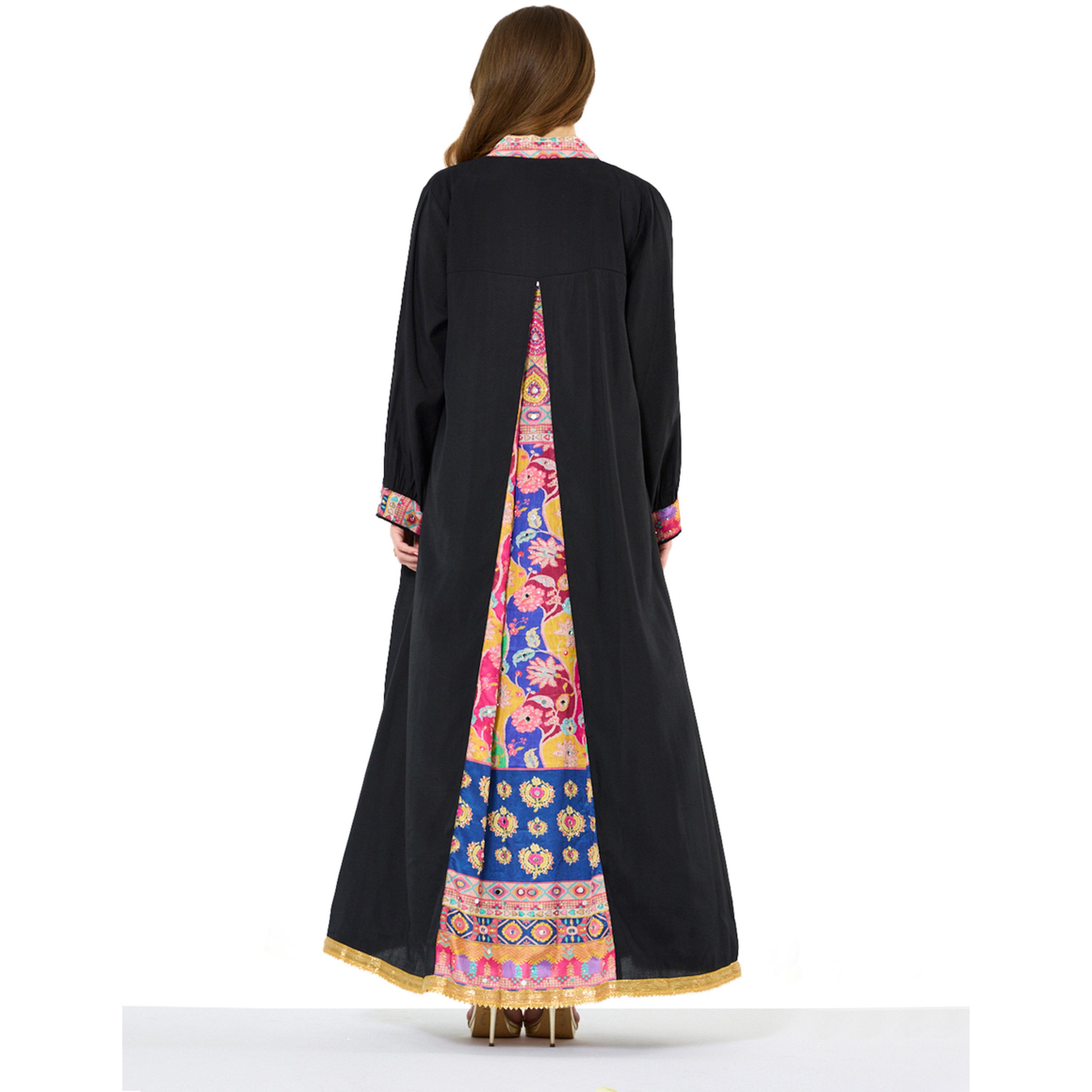 Thouq X Styli Black A-Line Maxi Jalabiya with Printed Trim-women-arabicclothing-jalabiyas-image-3