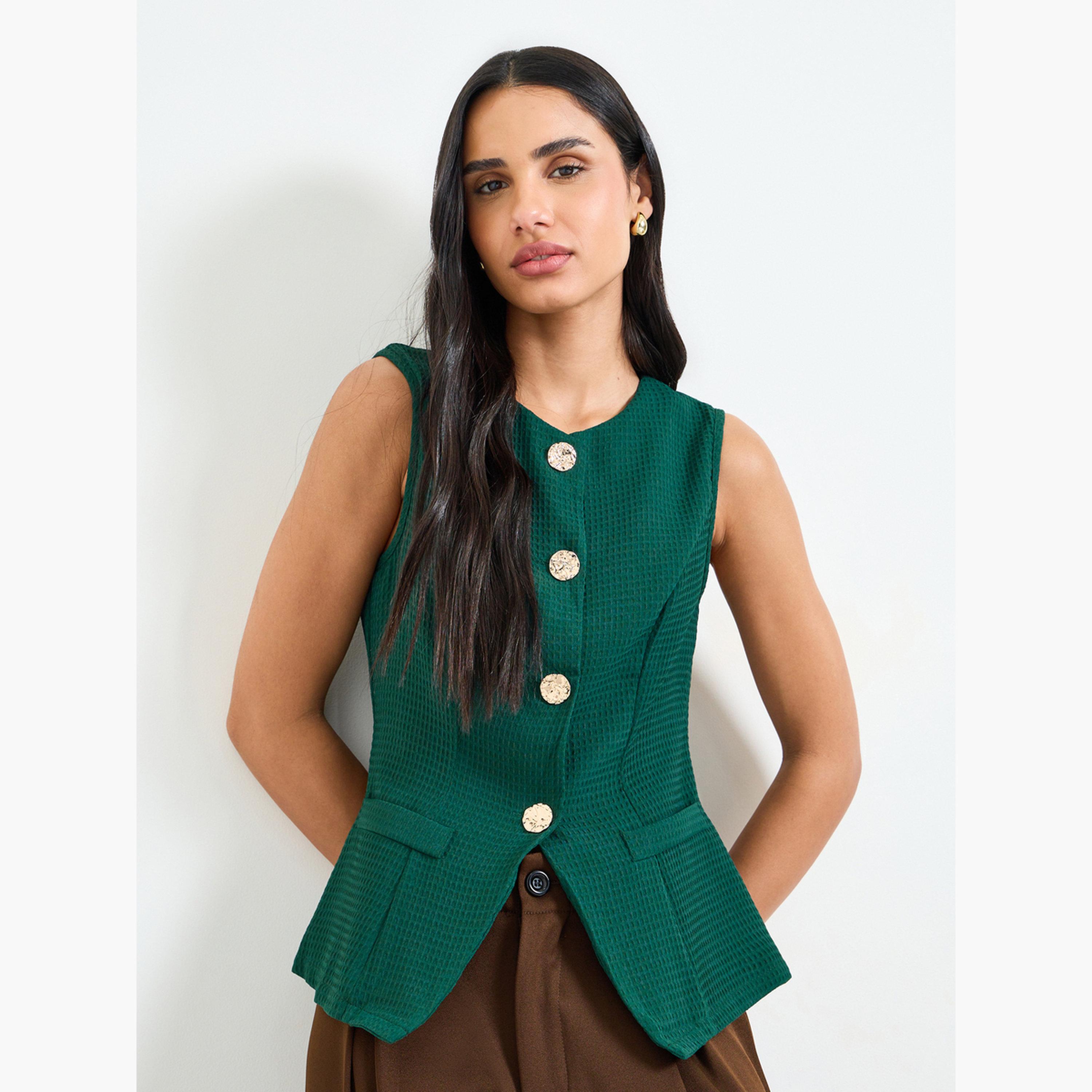 بلوزة بتفاصيل بارزة الملمس وبلا أكمام باللون الأخضر-women-clothing-shirtsandblouses-blouses-image-1