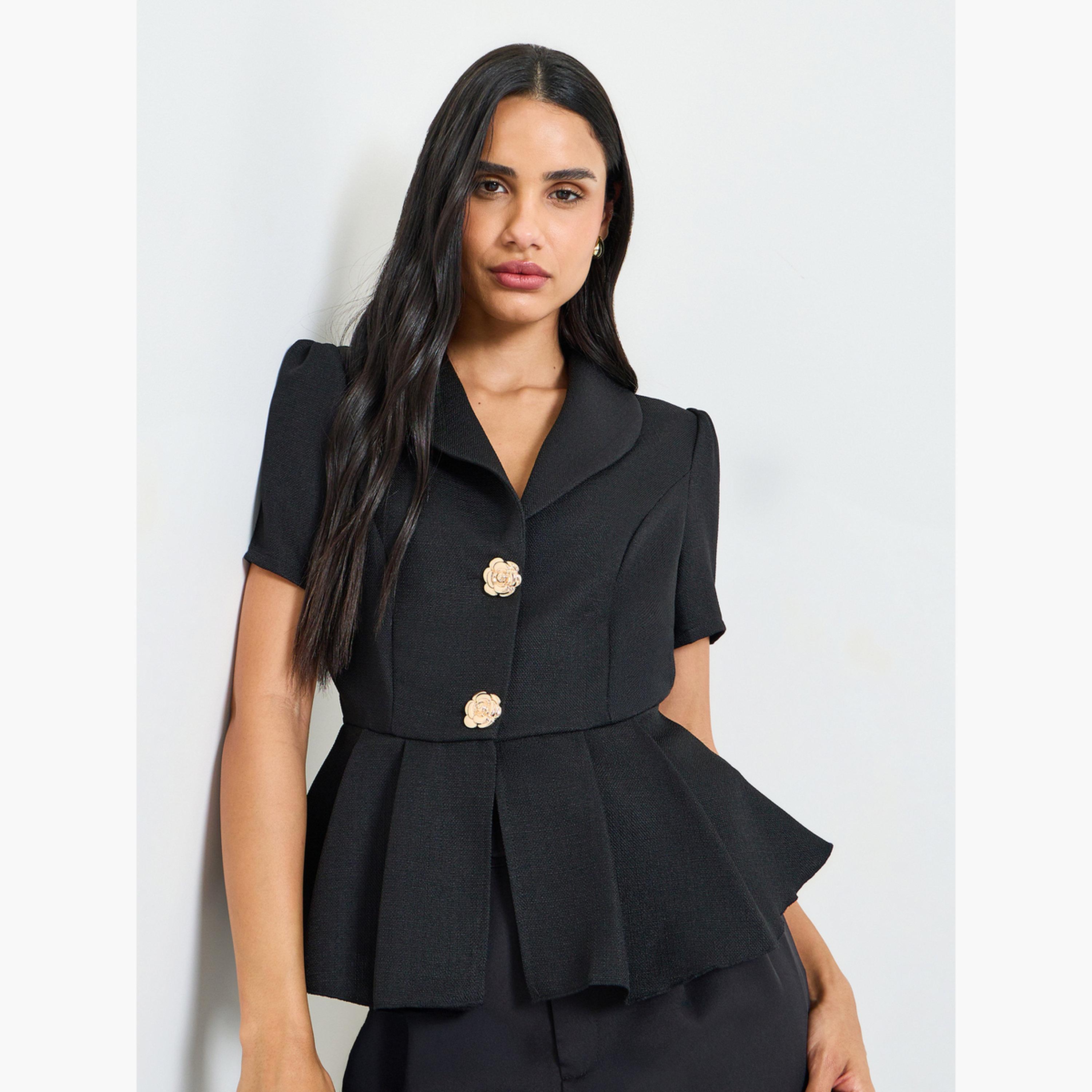 بلوزة بيبلوم بأكمام قصيرة وأزرار بنمط زهور باللون الأسود-women-clothing-shirtsandblouses-blouses-image-1