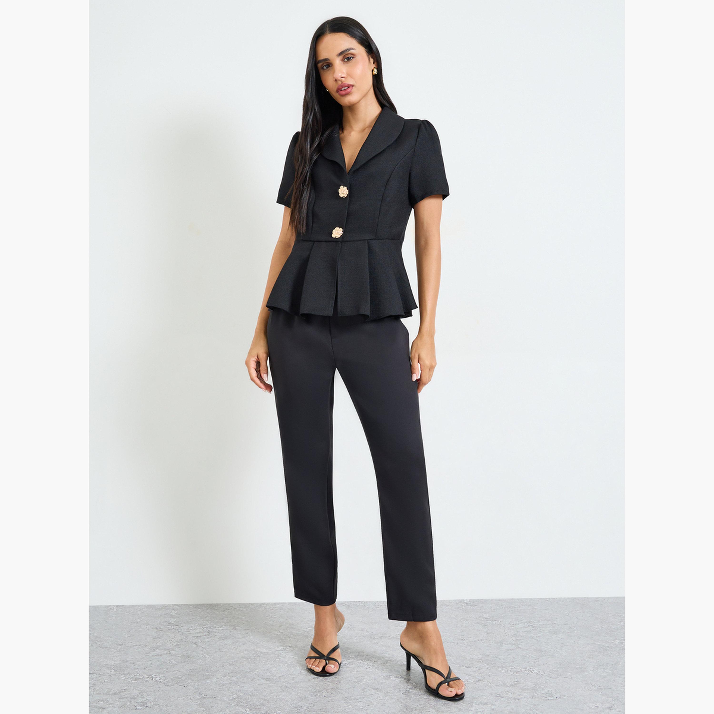 بلوزة بيبلوم بأكمام قصيرة وأزرار بنمط زهور باللون الأسود-women-clothing-shirtsandblouses-blouses-image-2