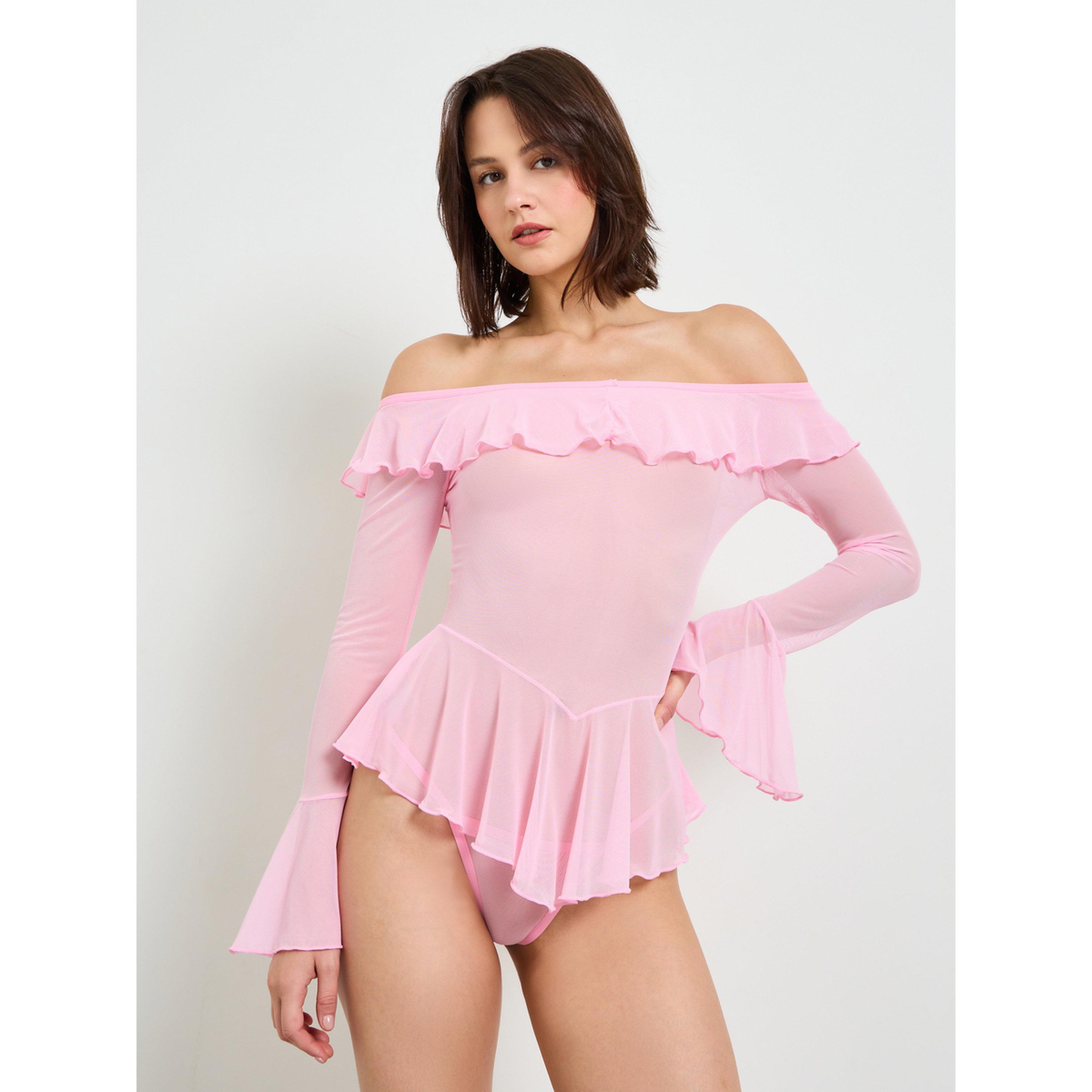 بيبي دول شبكي بكتف مكشوف وشفاف بكشكش مع كلسون-women-clothing-lingerie-lingeriesets-image-1