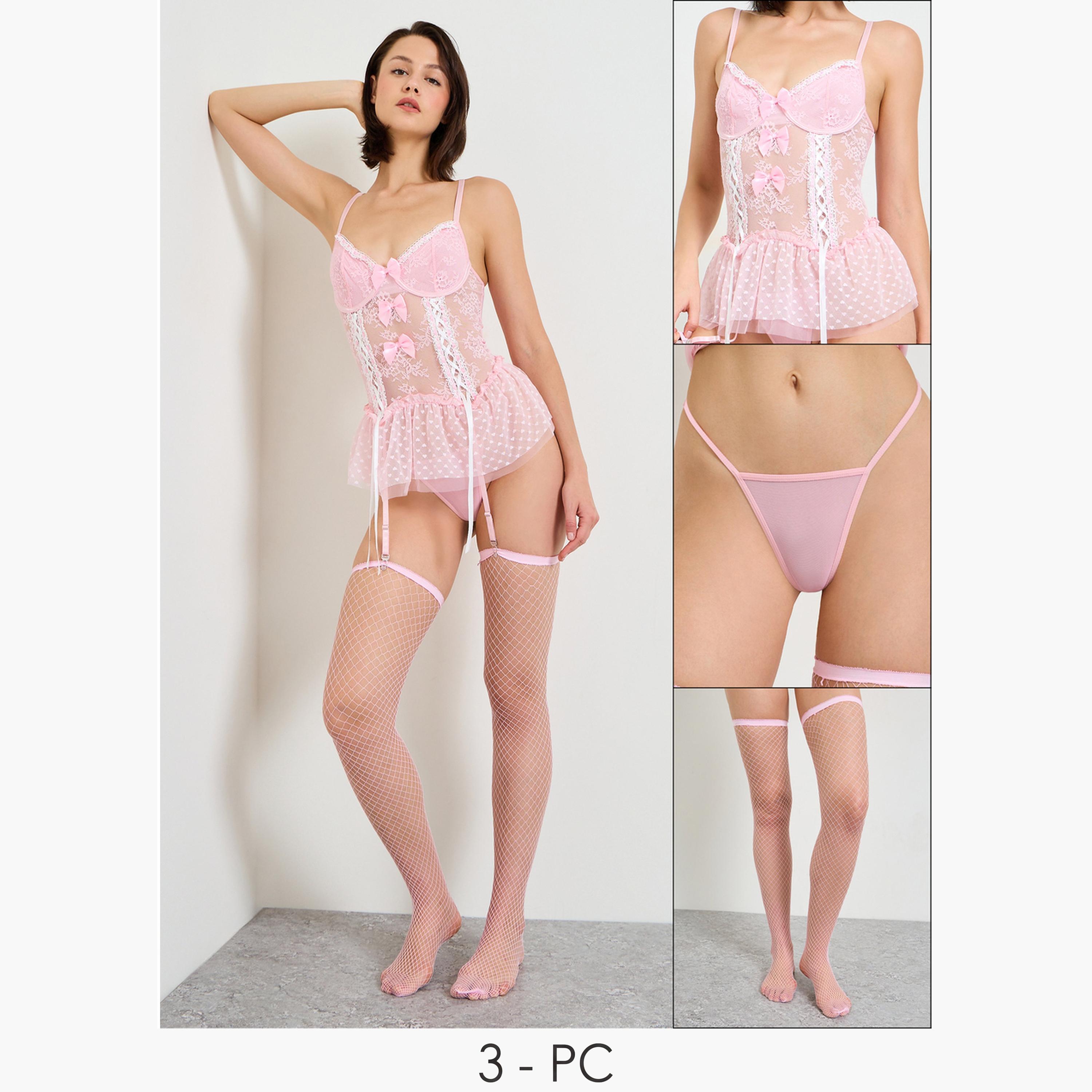 طقم لانجري كورسيه بتفاصيل فيونكة دانتيل مع كلسون وجوارب-women-clothing-lingerie-lingeriesets-image-1