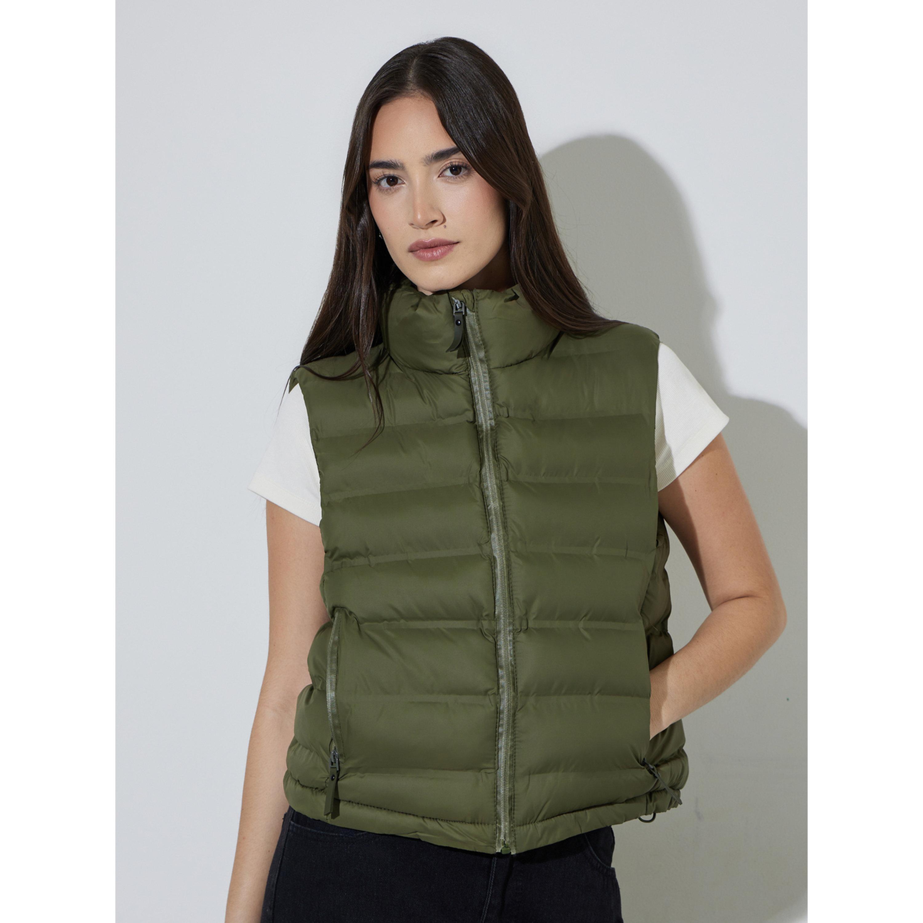 Styli Olive Green Solid High Neck Short Padded Gilets-women-winterwear-coatsandjackets-jackets-image-1