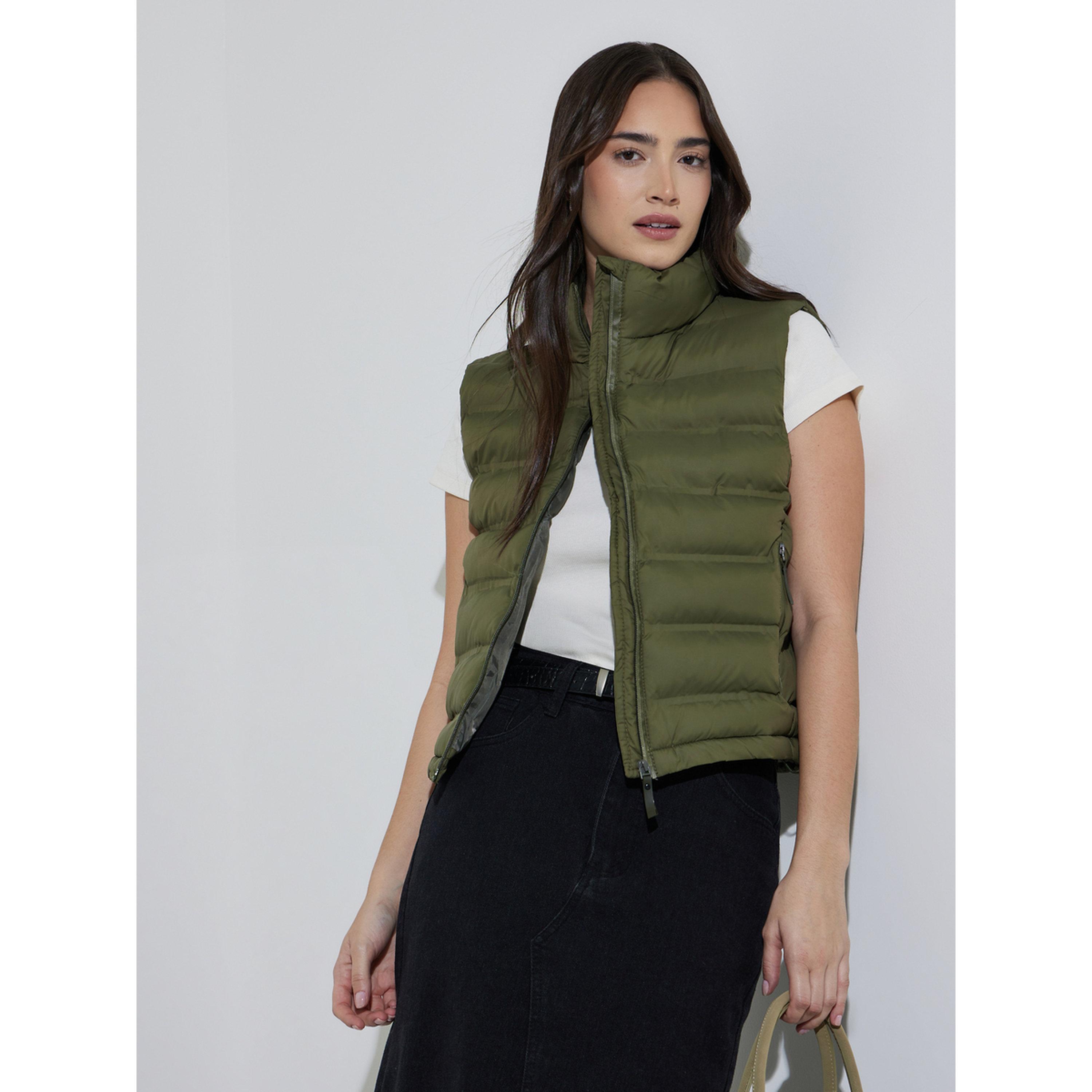 Styli Olive Green Solid High Neck Short Padded Gilets-women-winterwear-coatsandjackets-jackets-image-4