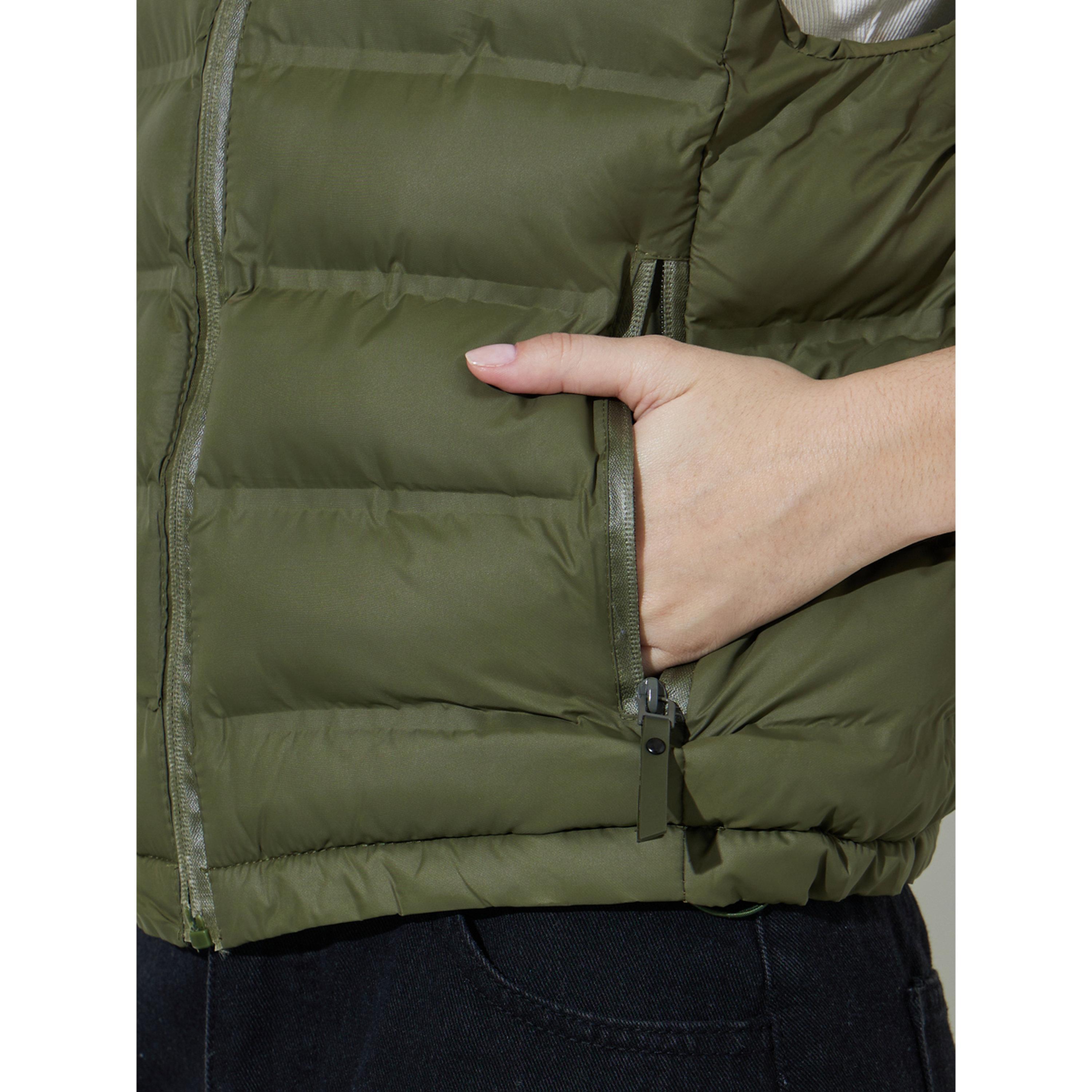 Styli Olive Green Solid High Neck Short Padded Gilets-women-winterwear-coatsandjackets-jackets-image-5