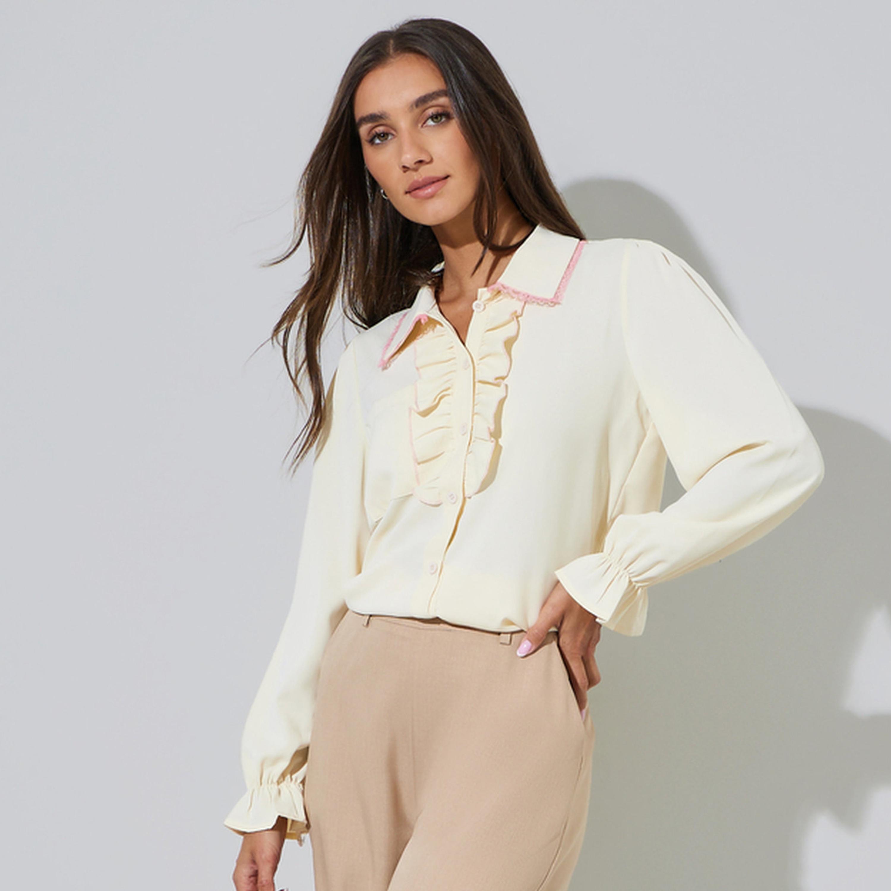 Styli Beige Solid Ruffle Details Long Sleeves Shirt-women-clothing-shirtsandblouses-shirts-image-1
