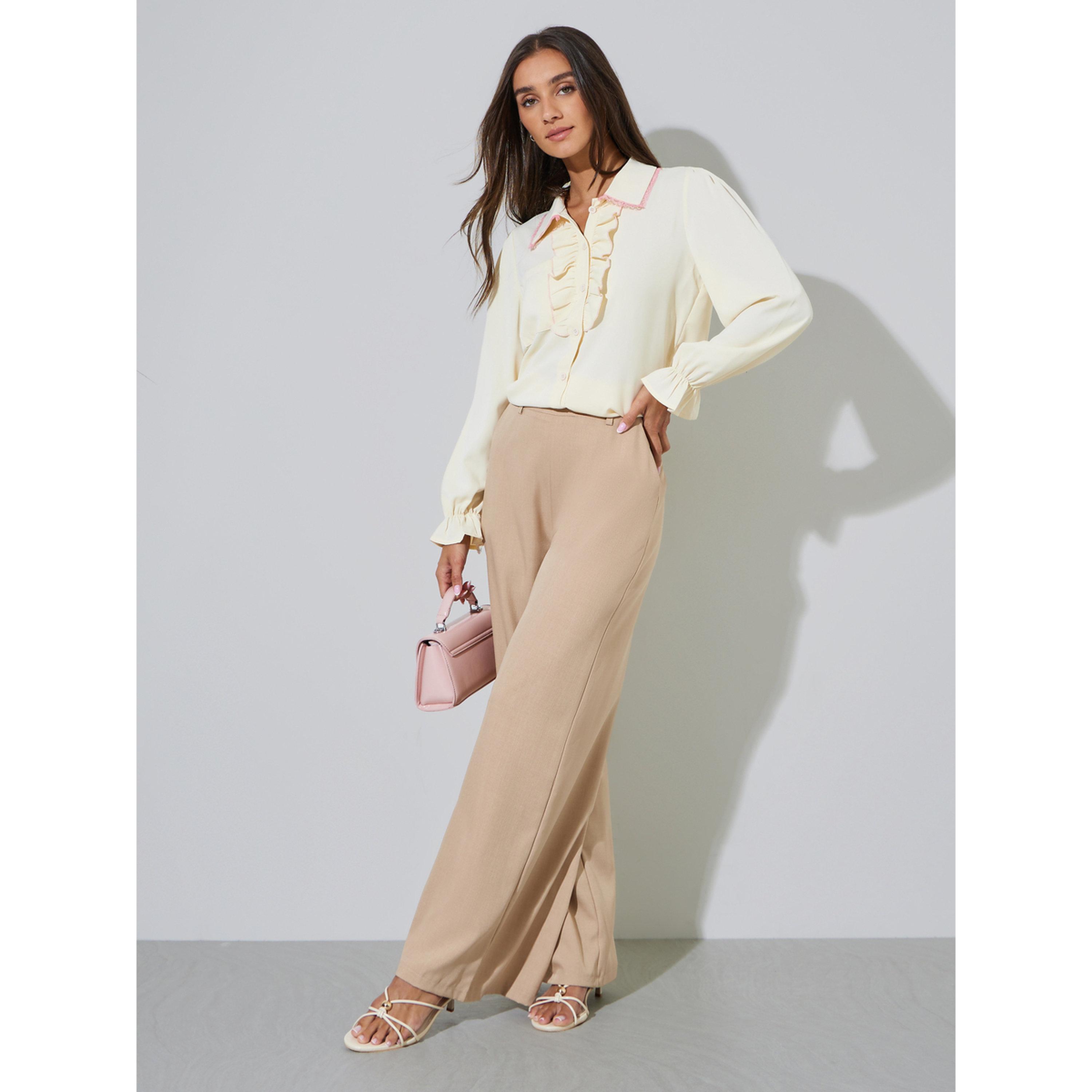 Styli Beige Solid Ruffle Details Long Sleeves Shirt-women-clothing-shirtsandblouses-shirts-image-2