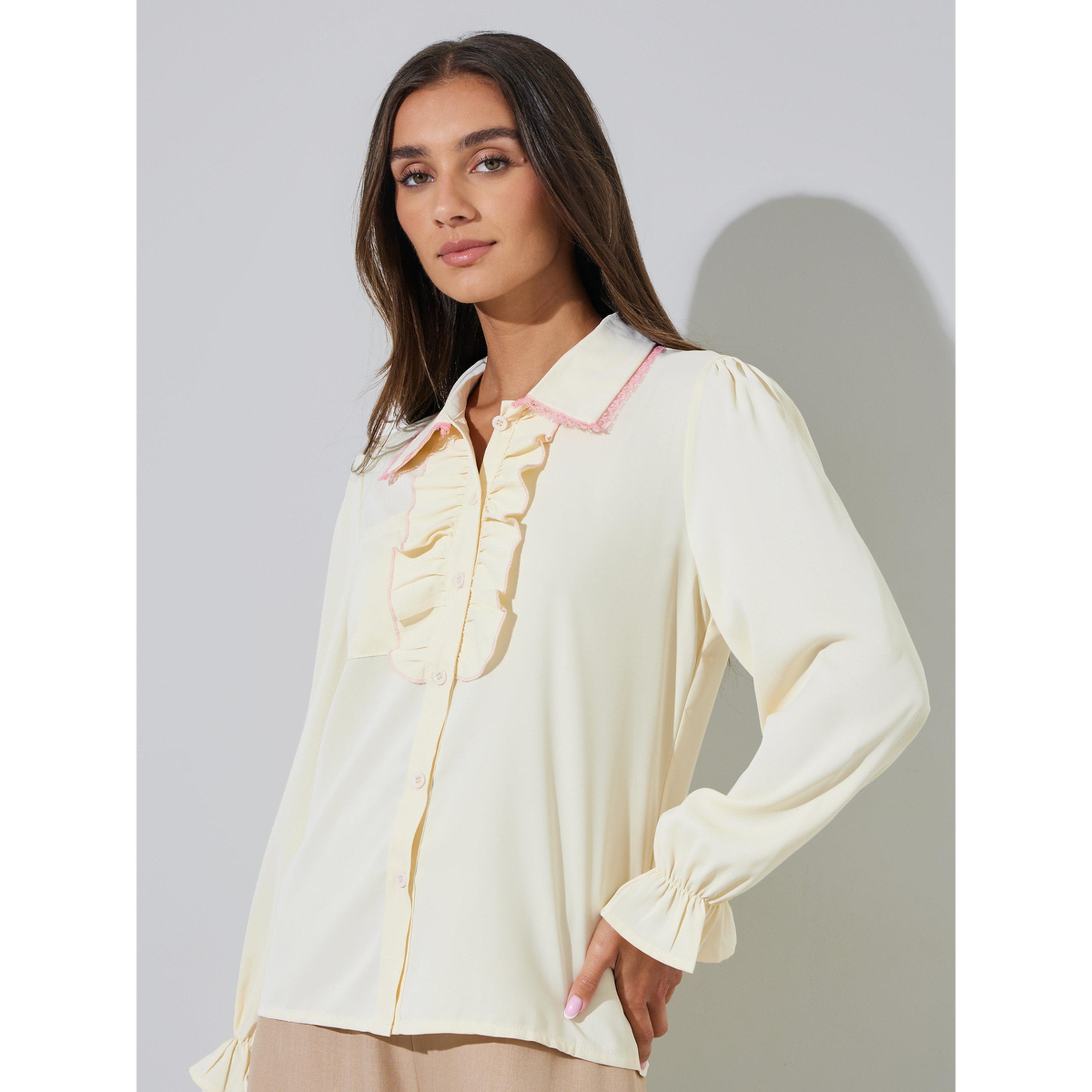 Styli Beige Solid Ruffle Details Long Sleeves Shirt-women-clothing-shirtsandblouses-shirts-image-3