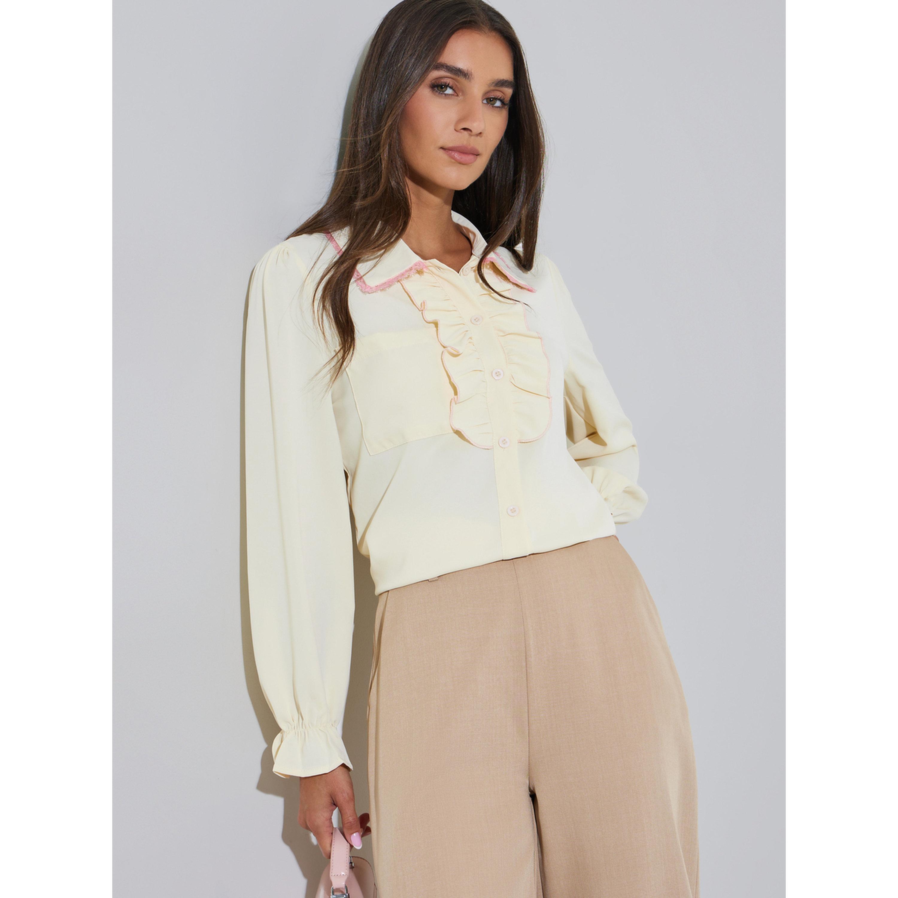 Styli Beige Solid Ruffle Details Long Sleeves Shirt-women-clothing-shirtsandblouses-shirts-image-4