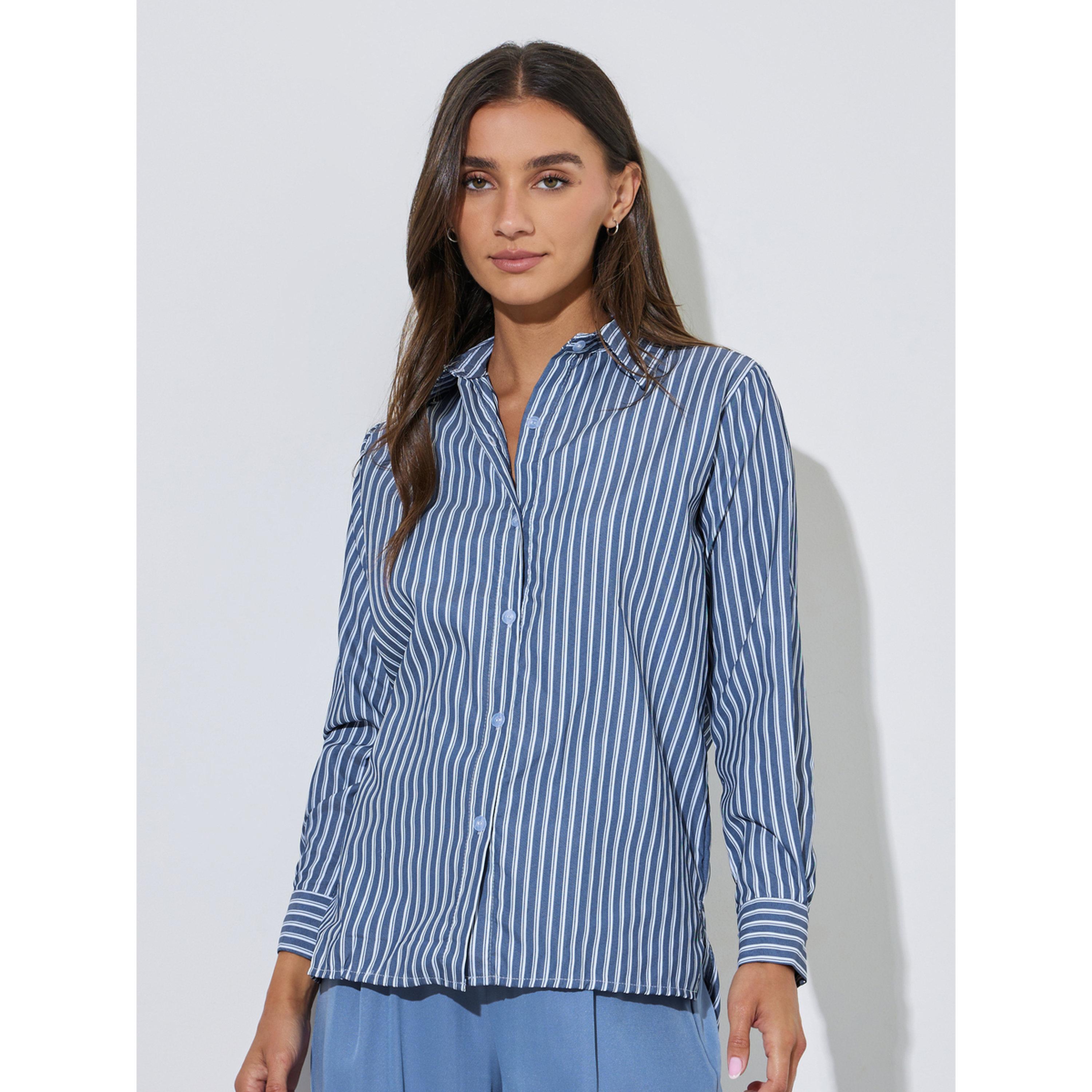 بلوزة مخططة فتحة جانبية وأكمام طويلة باللون الكحلي-women-clothing-shirtsandblouses-shirts-image-1
