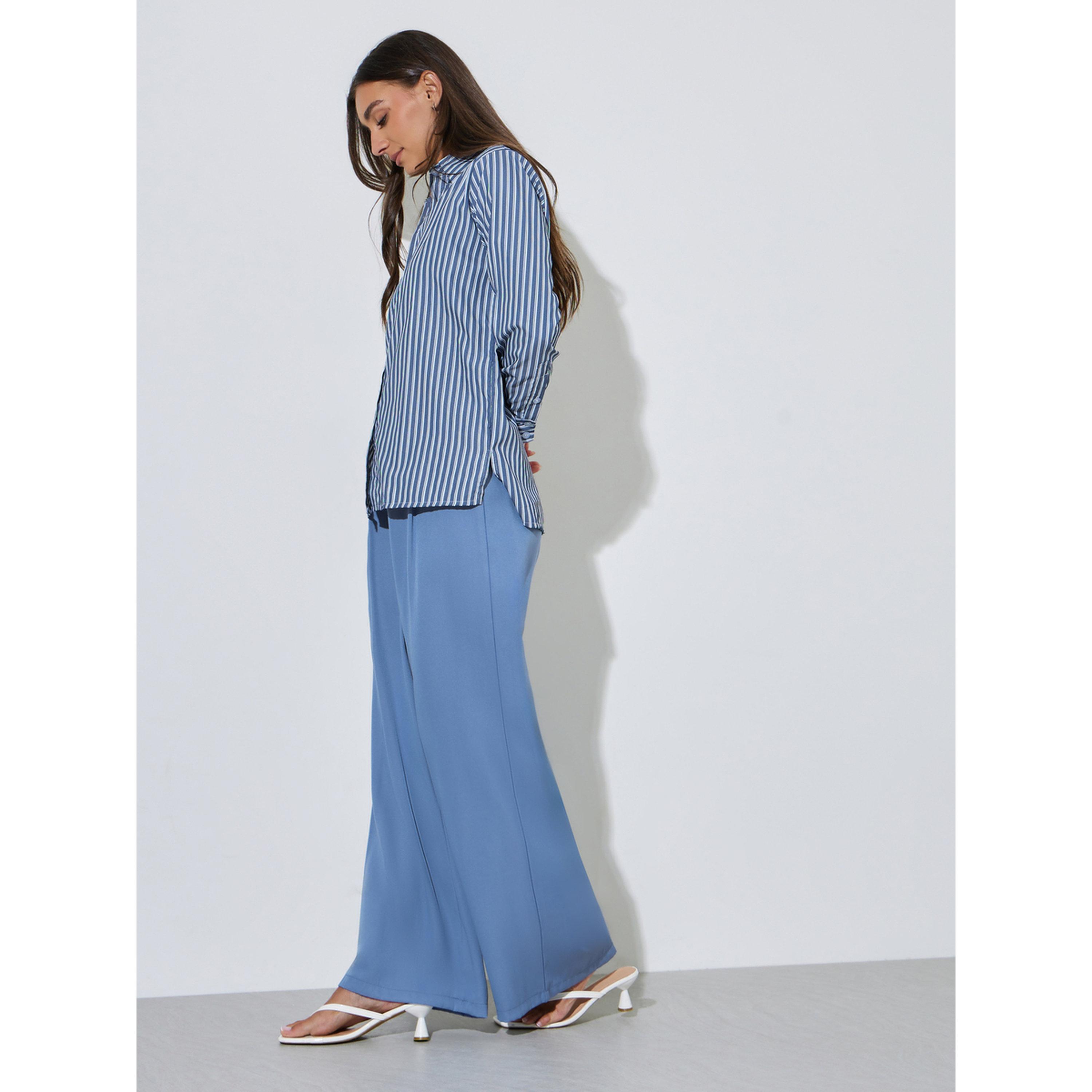 بلوزة مخططة فتحة جانبية وأكمام طويلة باللون الكحلي-women-clothing-shirtsandblouses-shirts-image-2