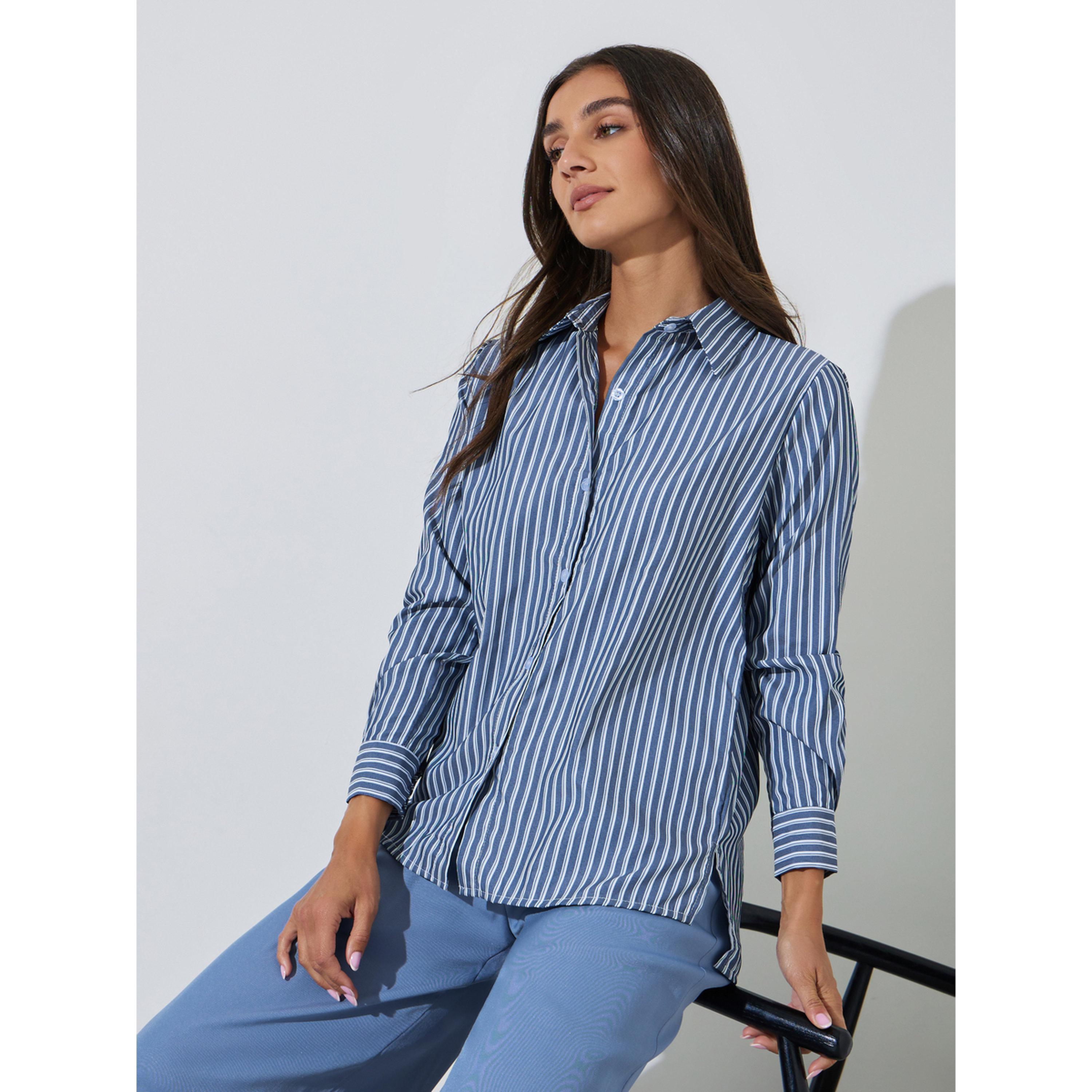 Styli navy Blue Striped Side Slit Long Sleeves Shirt-women-clothing-shirtsandblouses-shirts-image-3
