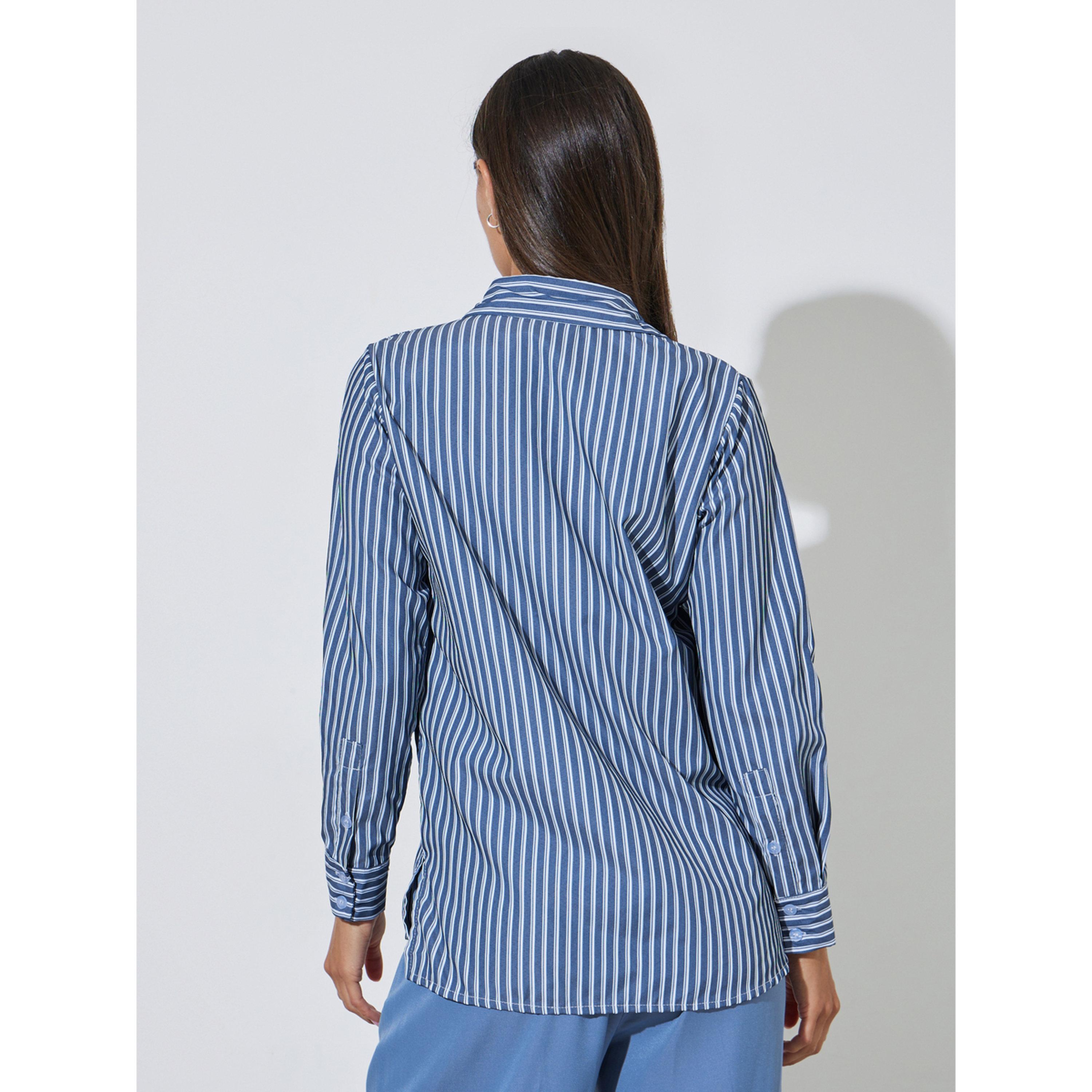 بلوزة مخططة فتحة جانبية وأكمام طويلة باللون الكحلي-women-clothing-shirtsandblouses-shirts-image-4