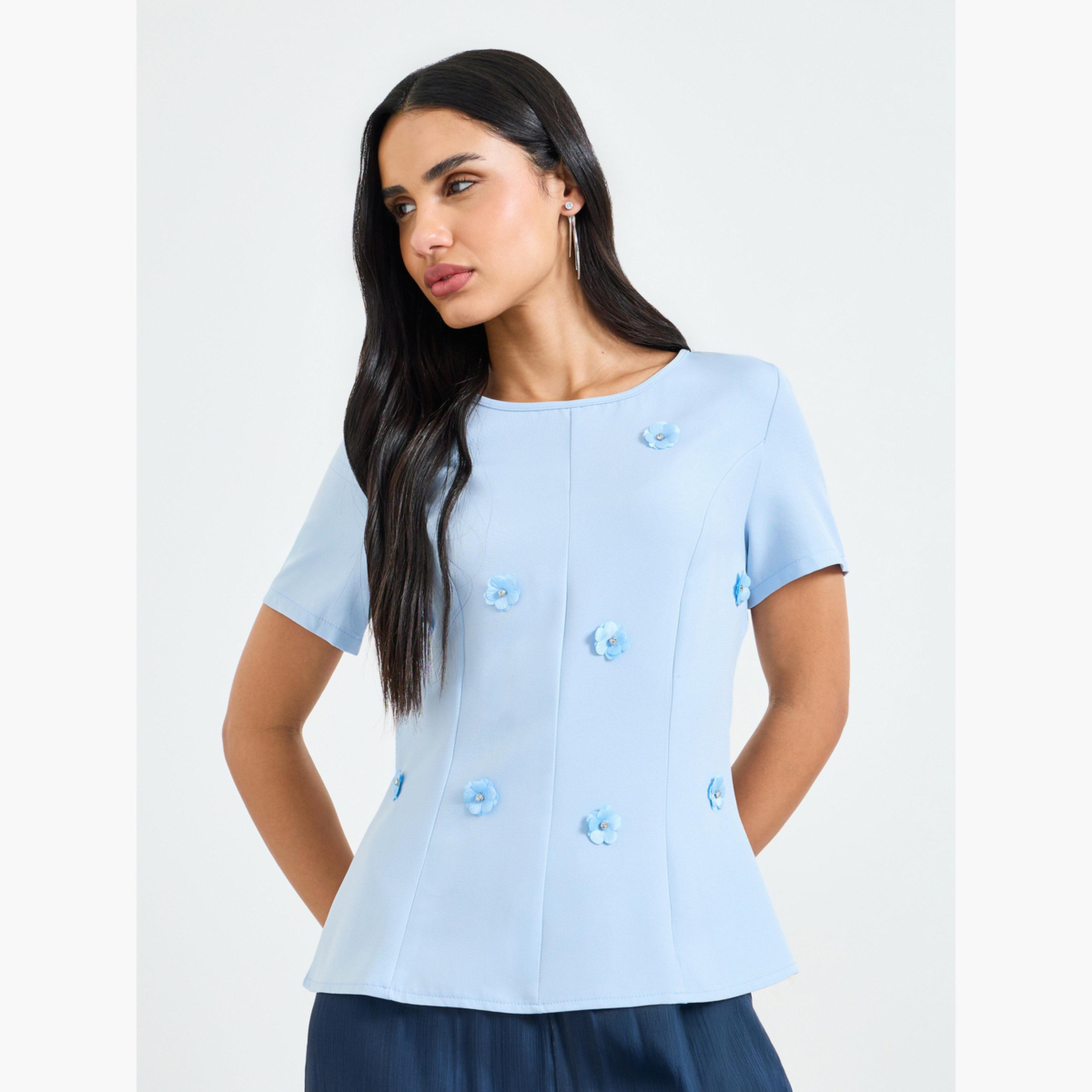 Take Two Blue Short Sleeve Blouse with Floral Embellishments-women-clothing-shirtsandblouses-blouses-image-1