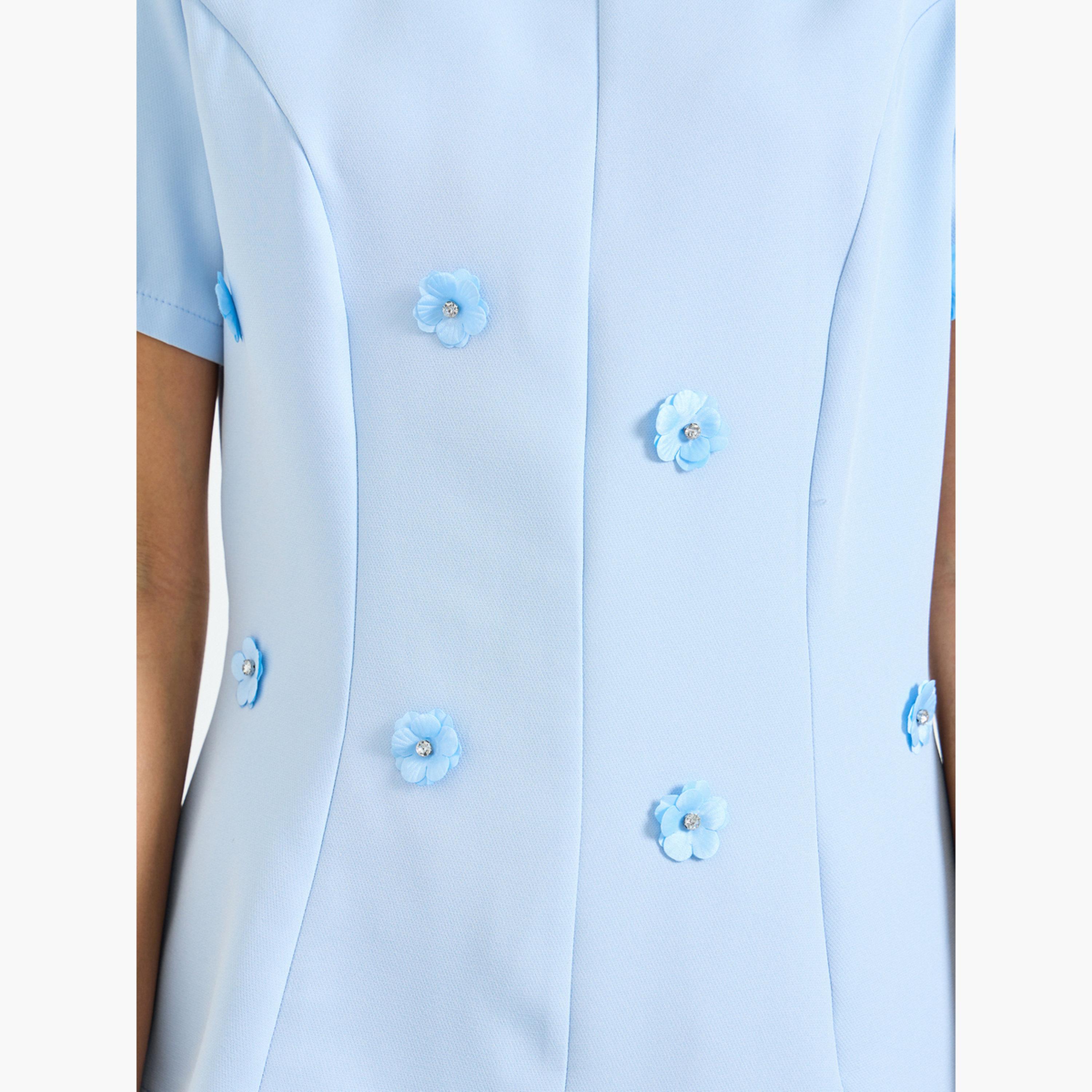 Take Two Blue Short Sleeve Blouse with Floral Embellishments-women-clothing-shirtsandblouses-blouses-image-4