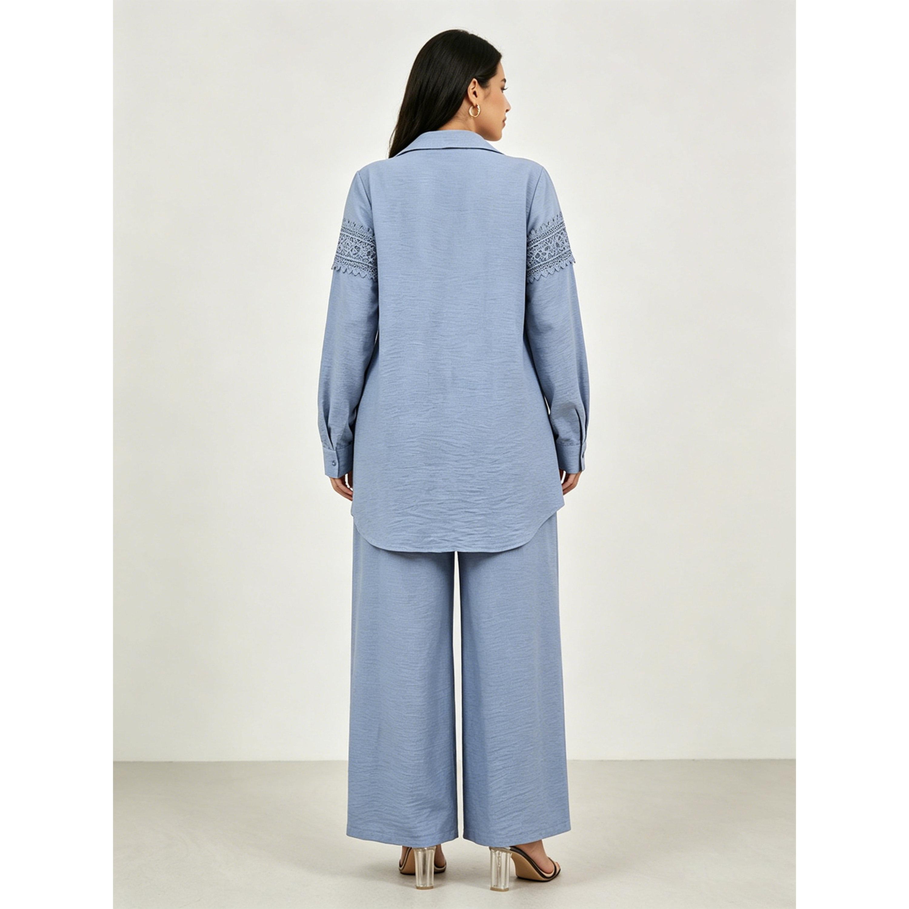 Take Two Blue Lace Detail Blouse and Wide-Leg Trousers Co-ord Set-women-clothing-coordsets-image-3