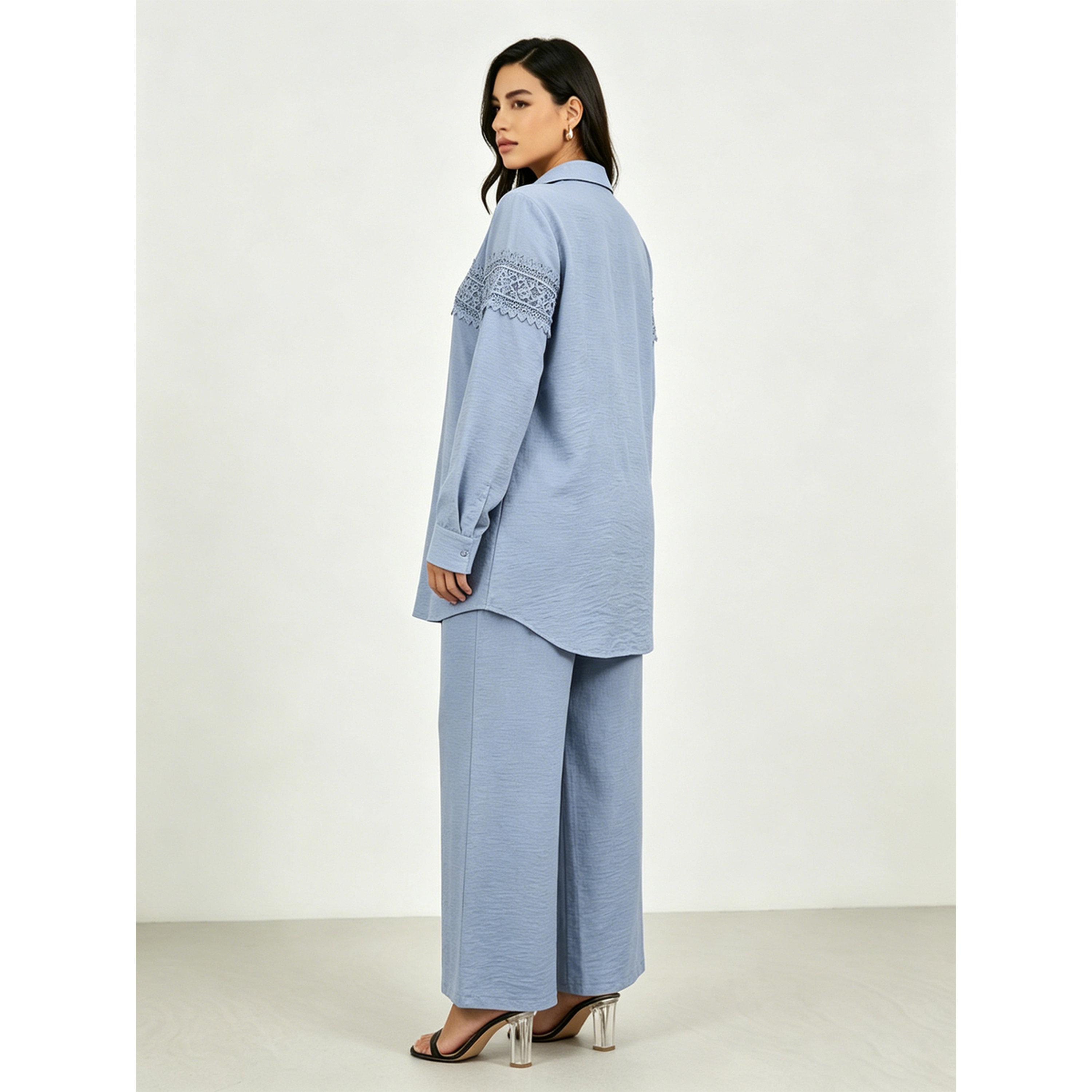 Take Two Blue Lace Detail Blouse and Wide-Leg Trousers Co-ord Set-women-clothing-coordsets-image-4