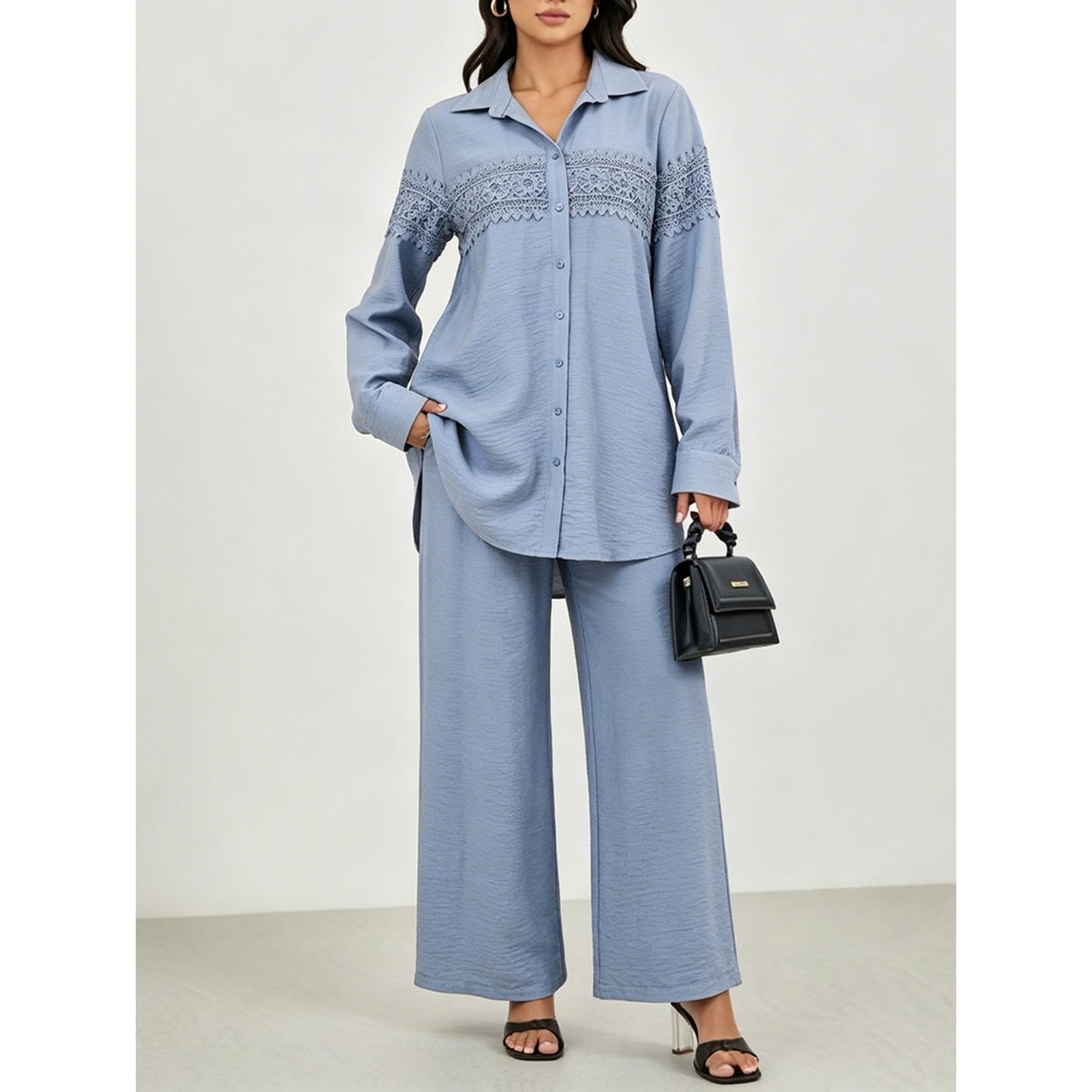 Take Two Blue Lace Detail Blouse and Wide-Leg Trousers Co-ord Set-women-clothing-coordsets-image-5