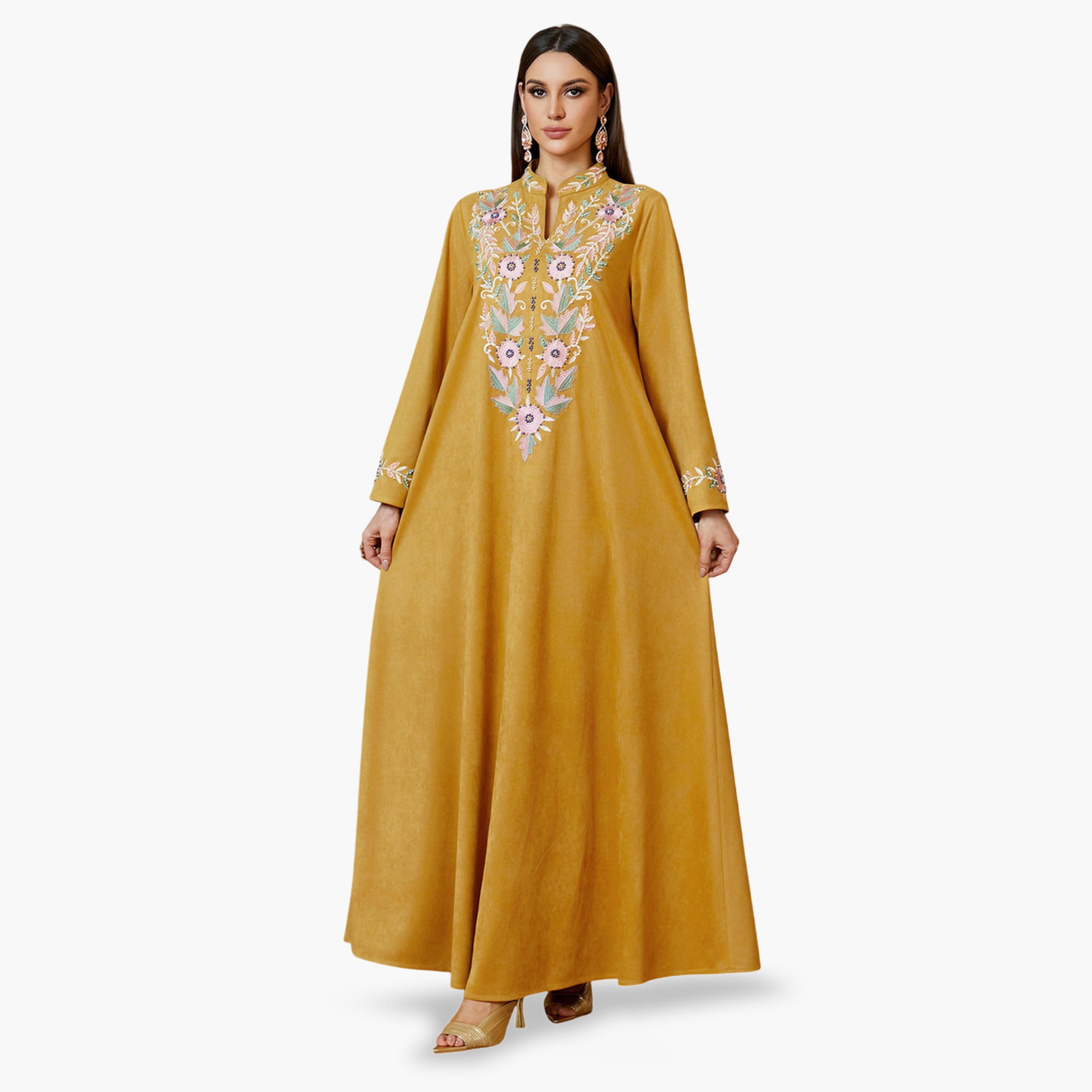 جلابية طويلة بأكمام طويلة وتطريز زهور باللون الأصفر-women-arabicclothing-jalabiyas-image-1