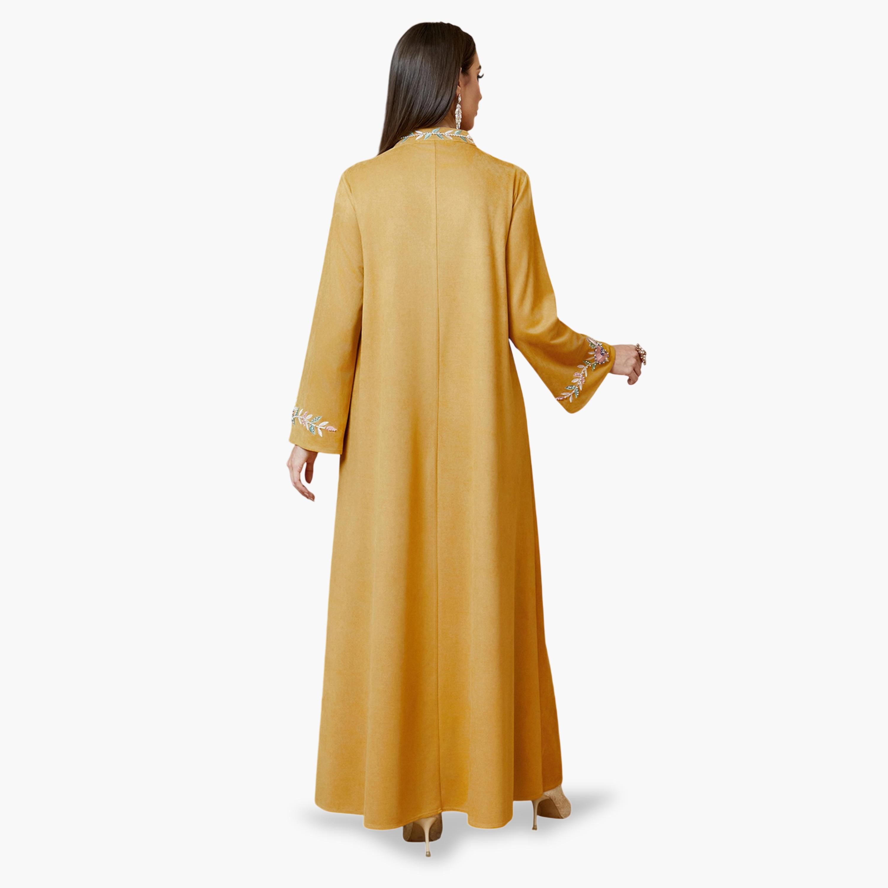 جلابية طويلة بأكمام طويلة وتطريز زهور باللون الأصفر-women-arabicclothing-jalabiyas-image-6