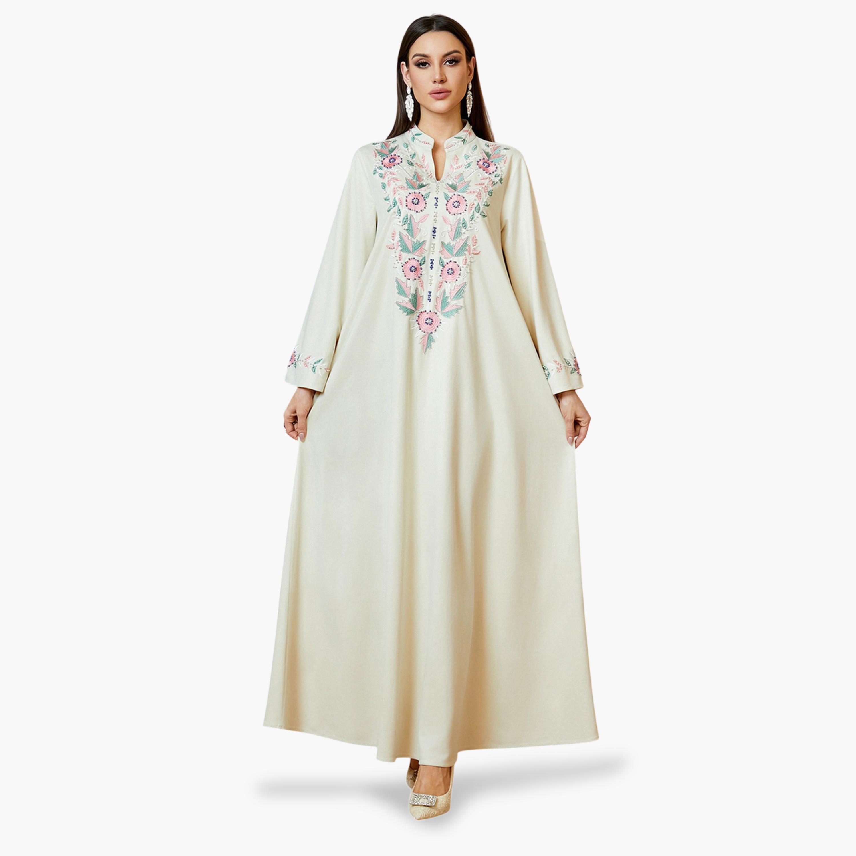 جلابية طويلة بتطريز زهور باللون البيج-women-arabicclothing-jalabiyas-image-1